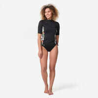 Women's UV-protective short sleeve T-shirt surf top 500 black and floral PARROT