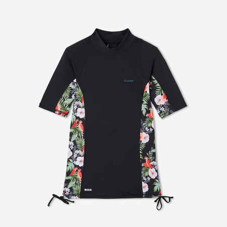 Women's UV-protective short sleeve T-shirt surf top 500 black and floral PARROT
