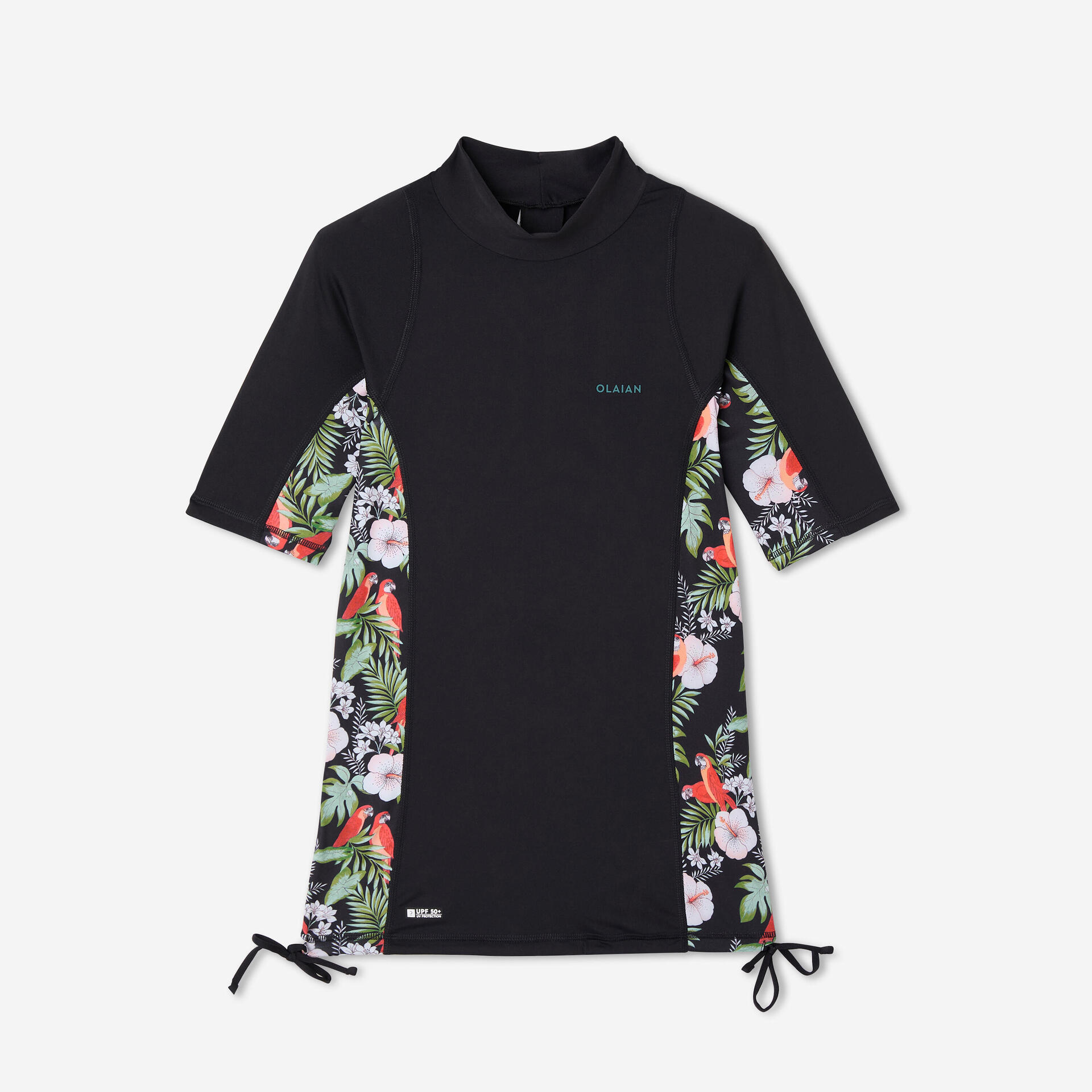 Women's UV-protective short sleeve T-shirt surf top 500 black and floral  PARROT