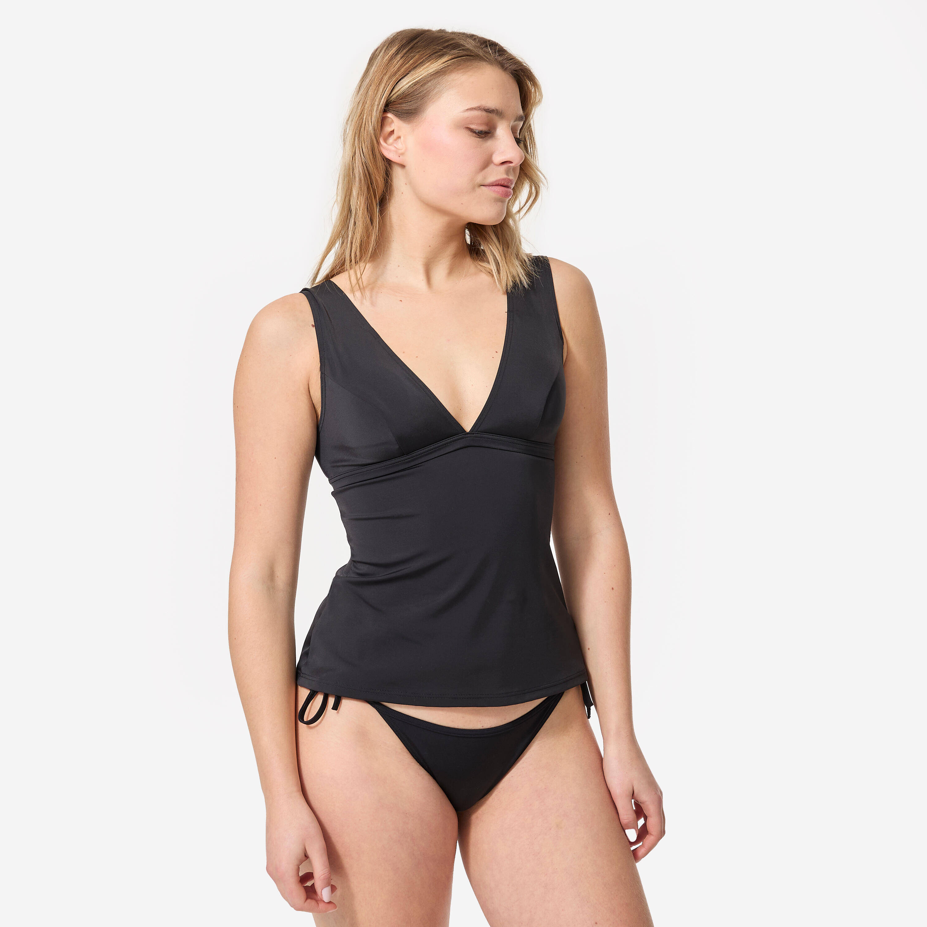 Tankini Swimsuit Top with V-Neck and Removable Padded Cups MARINE - PLAIN BLACK -  1