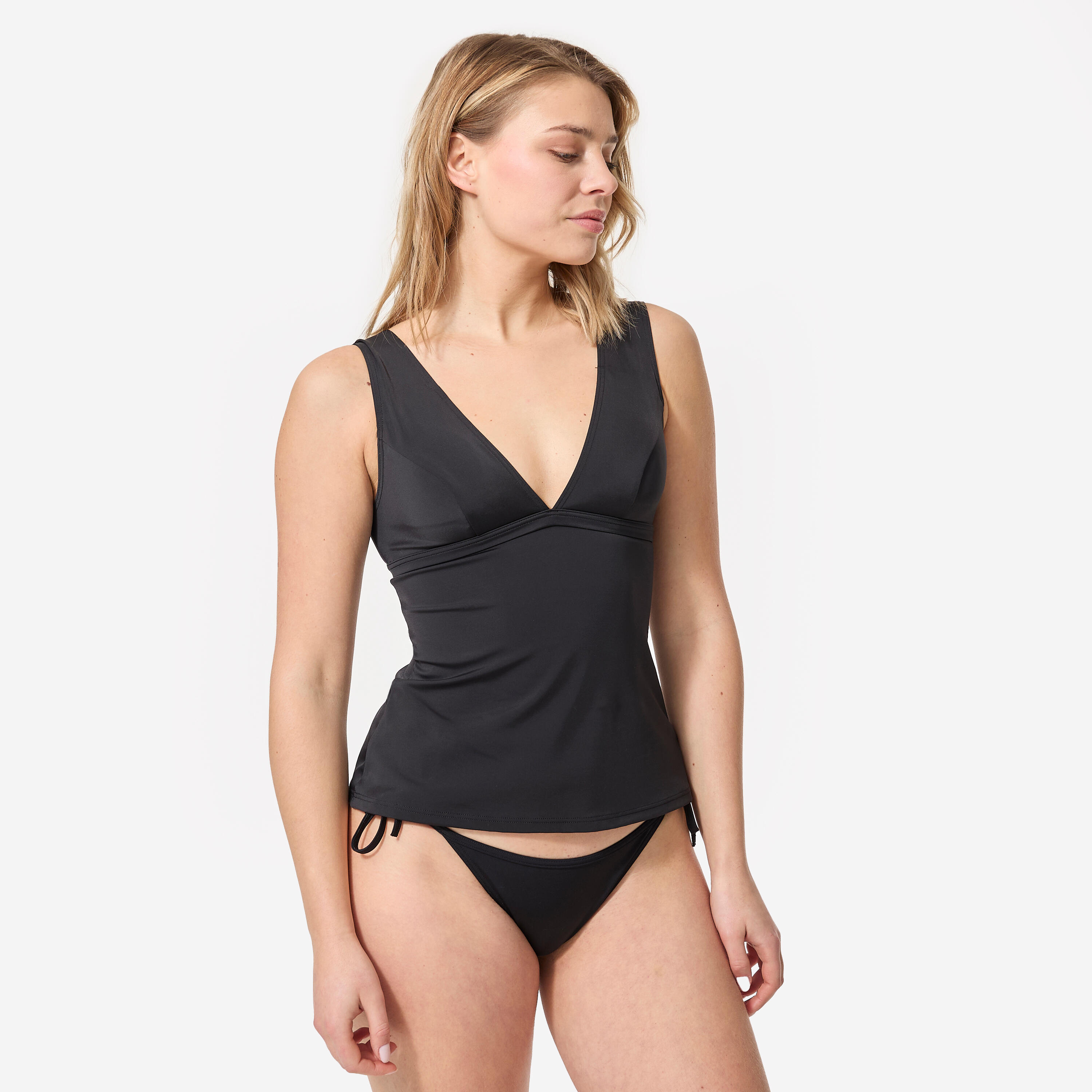 Tankini Swimsuit Top with V-Neck and Removable Padded Cups MARINE - PLAIN BLACK