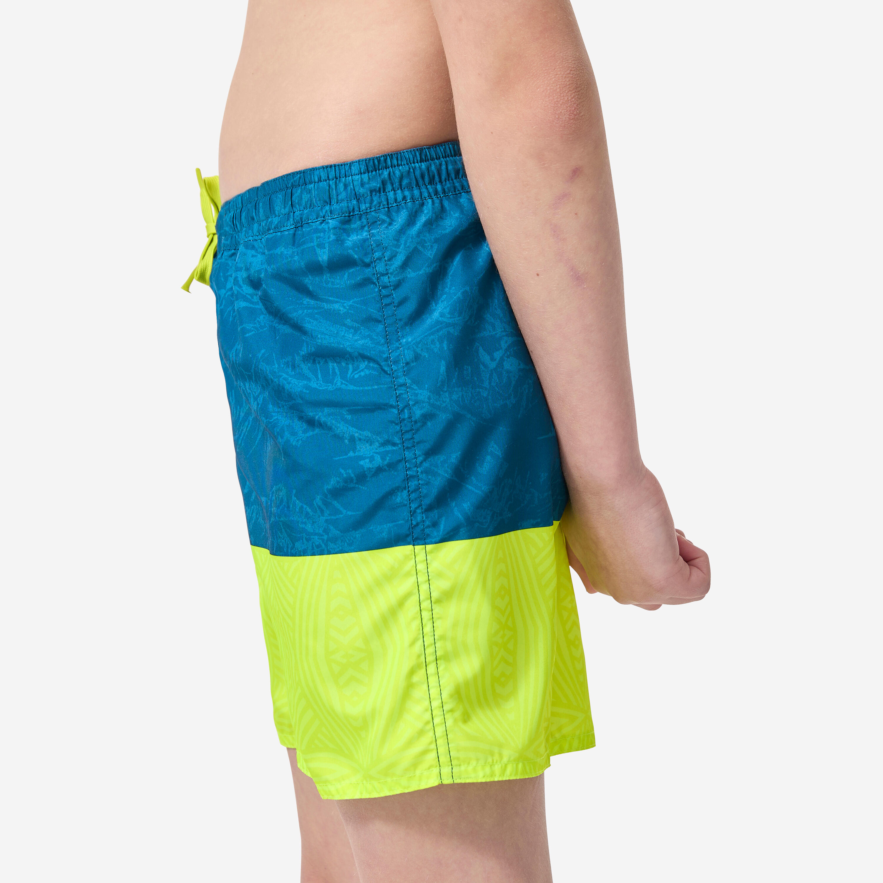 Boys’ surfing swim shorts with pockets - 100 Stories blue yellow 3/4