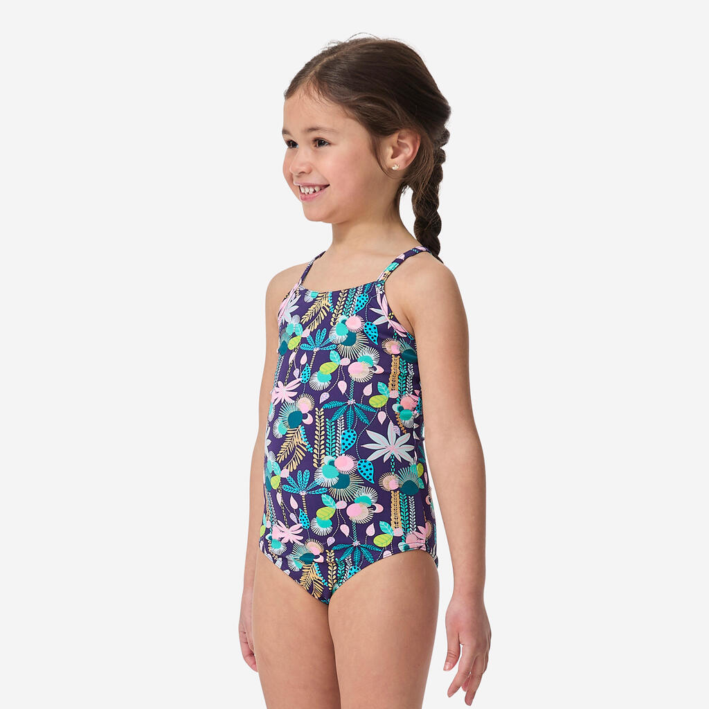 Girl’s 1-piece striped swimsuit - 100 Hanalei blue pink