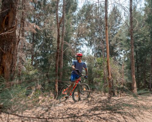 Ein Mann steht mit gereinigten Fahrradbremsen im Wald