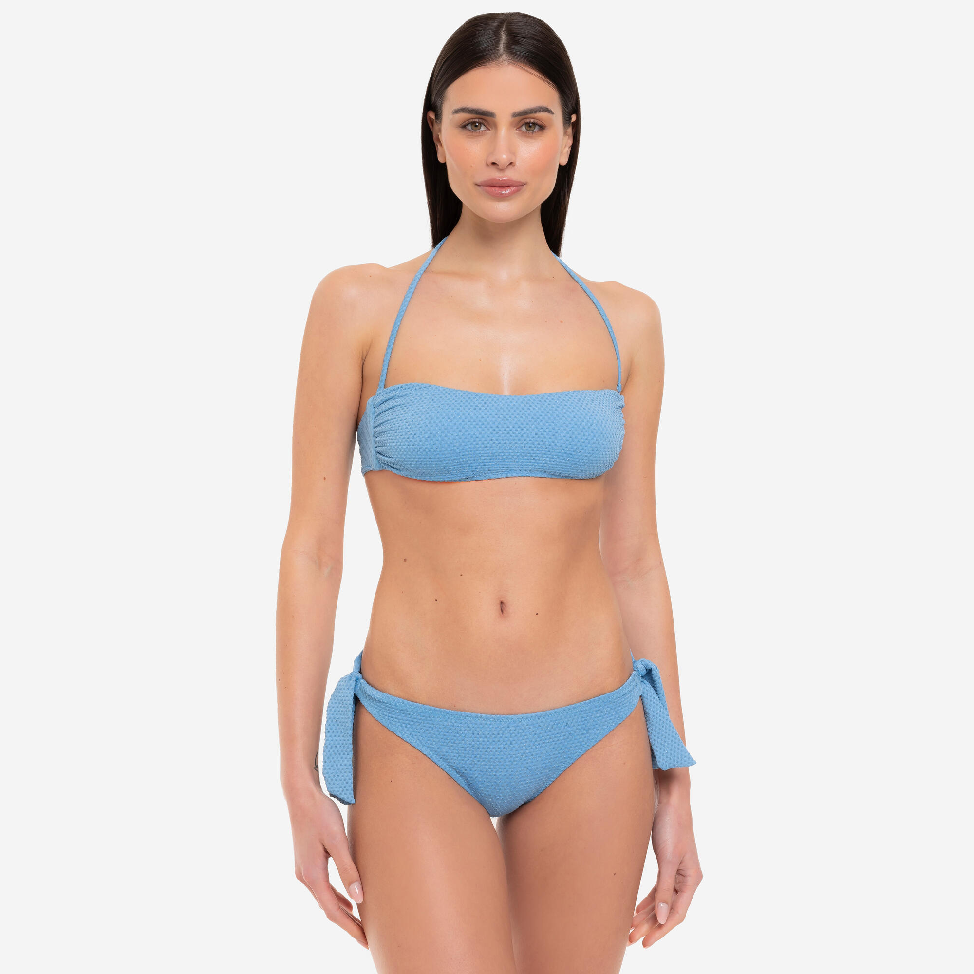 LE BLU Bikini donna top fascia + slip fantasia pois lurex azzurro - Le Blu