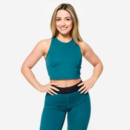 Débardeur de fitness crop-top moulant femme, vert canard