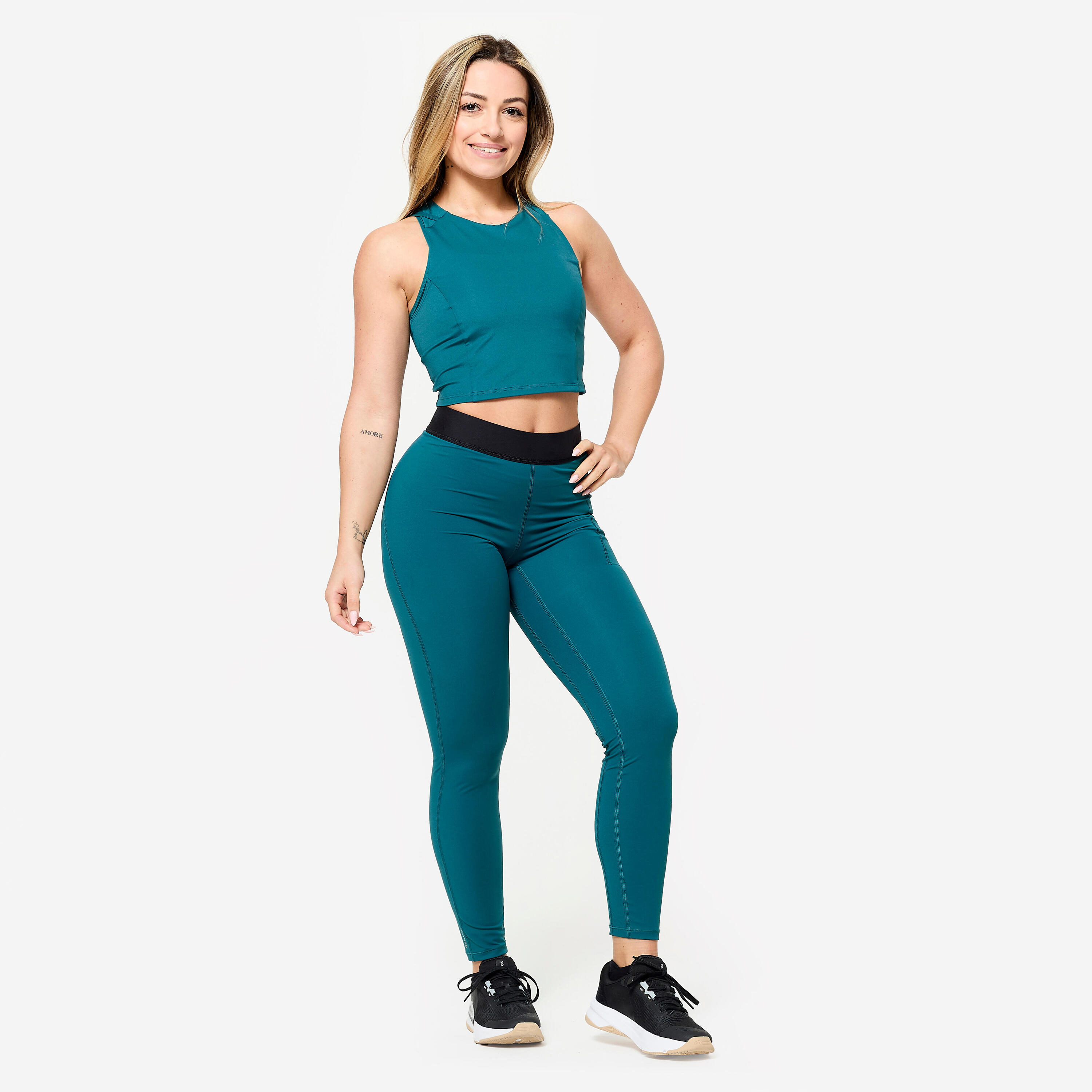 Fitness-Top Crop-Top enganliegend Damen, Entengrün 2/13