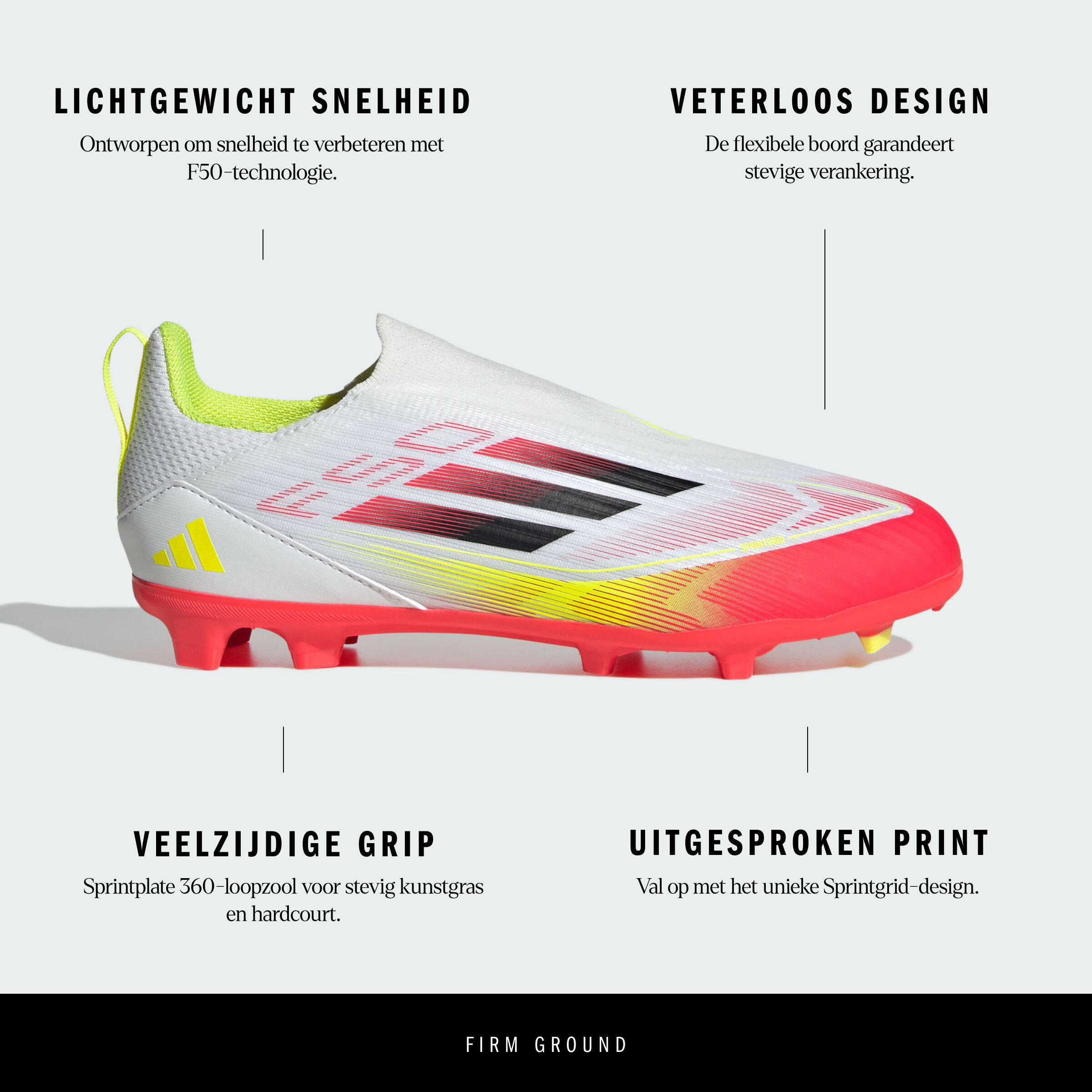 adidas F50 League Laceless FG/MG kind voetbalschoenen zonder veters  wit/rood ADIDAS | Decathlon