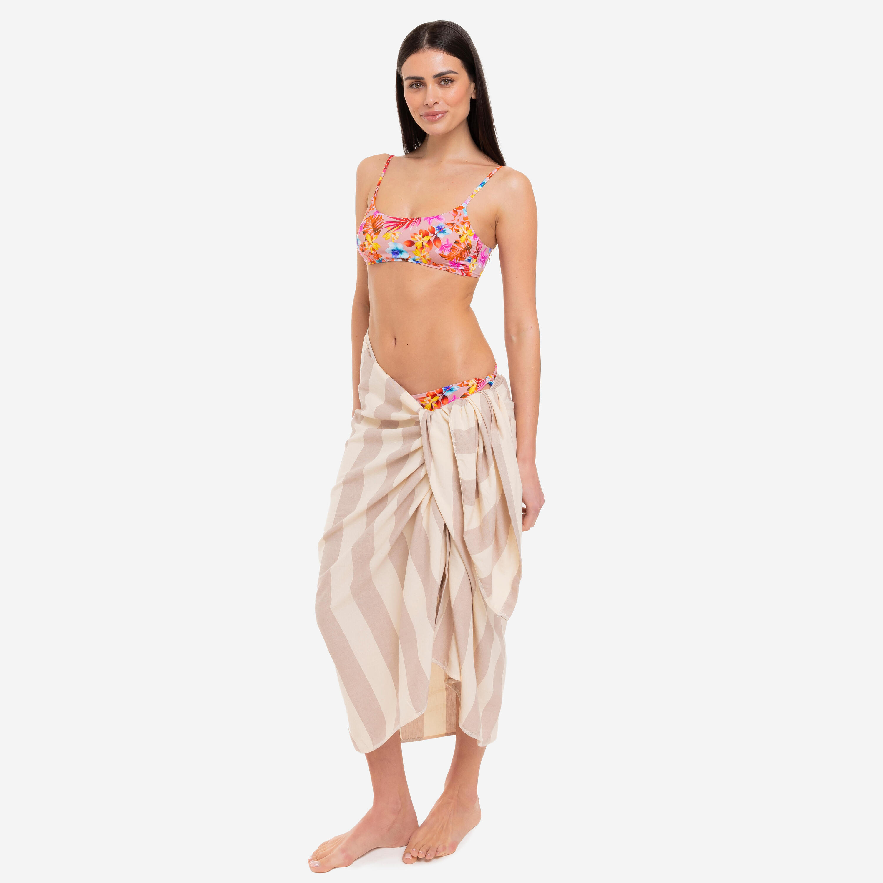 Telo mare pareo bamboo Le Blu a righe tortora avorio 5/6