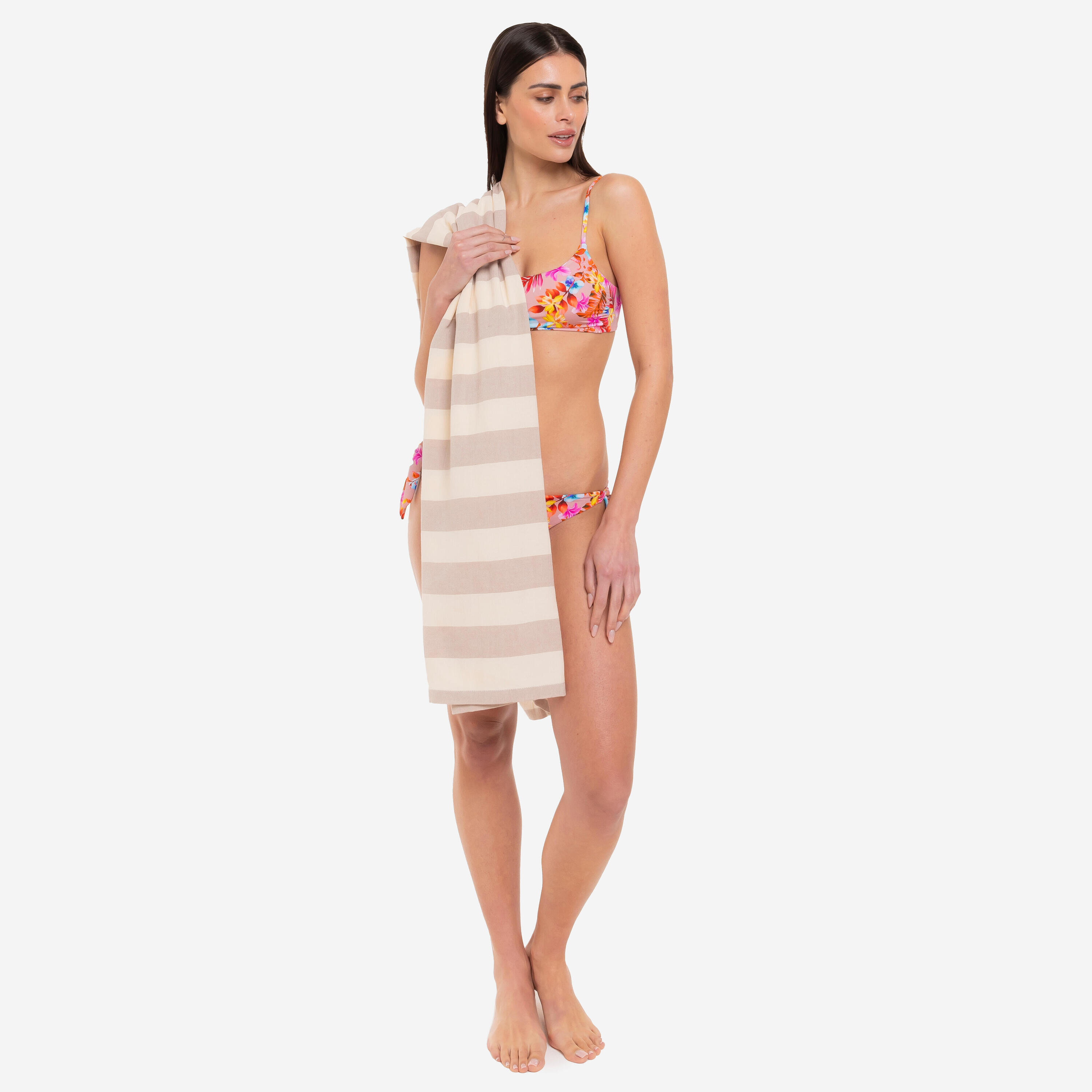 Telo mare pareo bamboo Le Blu a righe tortora avorio 6/6