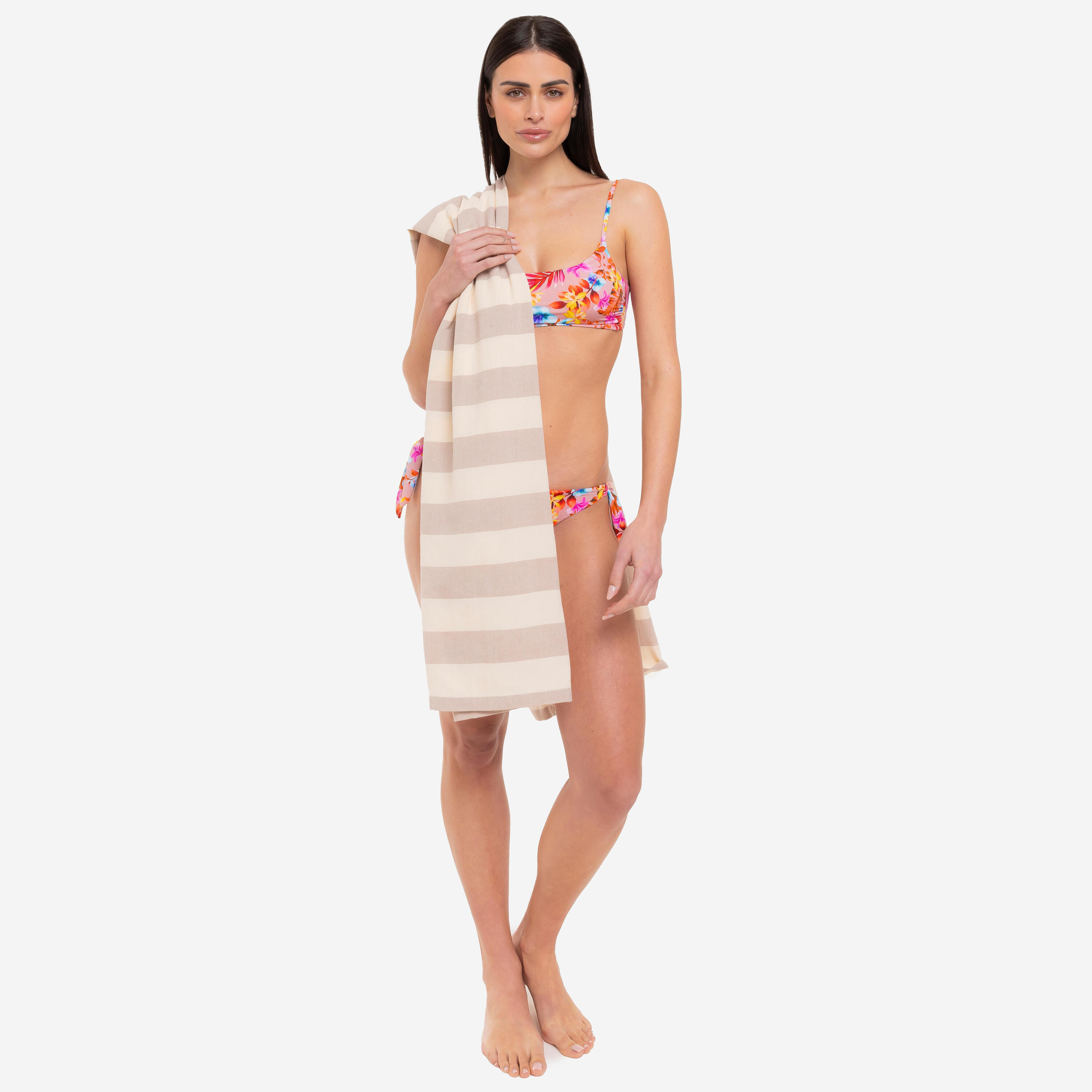 Telo mare pareo bamboo Le Blu a righe tortora avorio 3/6