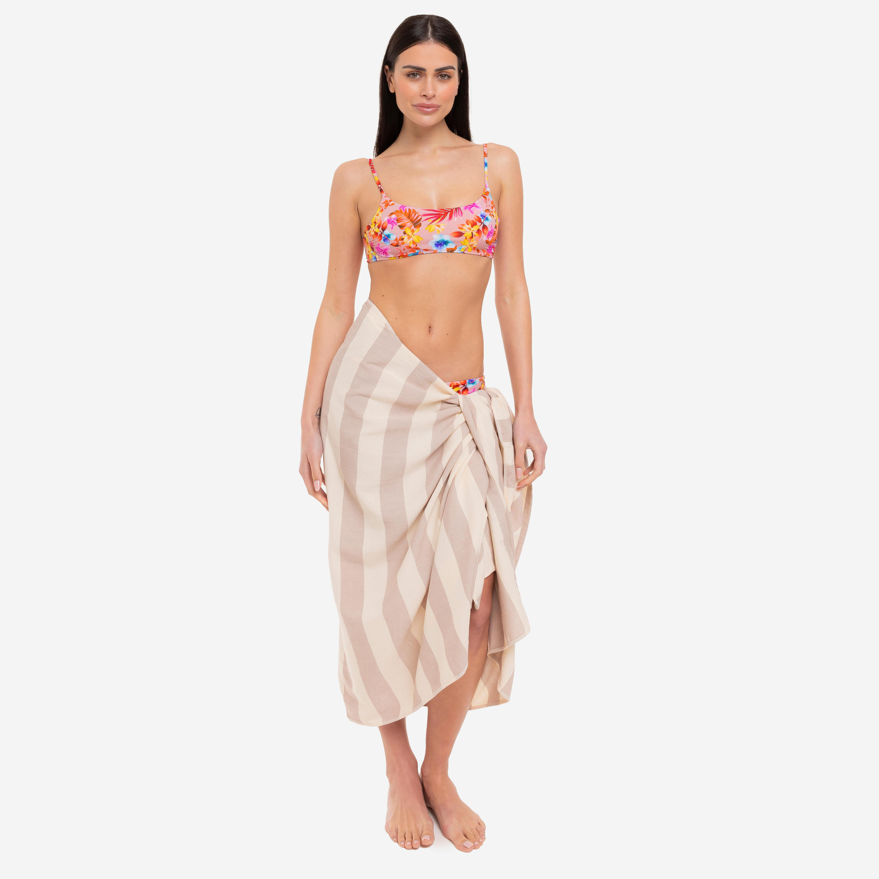 Telo mare pareo bamboo Le Blu a righe tortora avorio 2/6