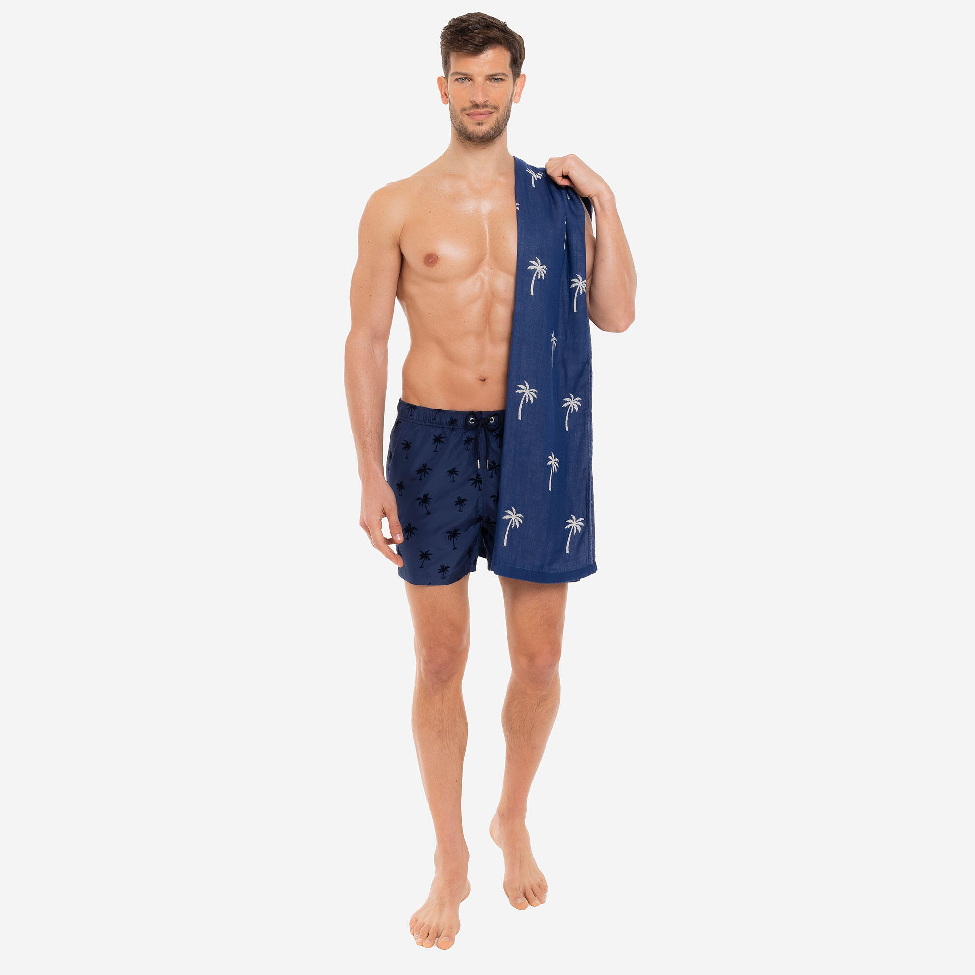 Telo mare pareo bamboo Le Blu double face palme blu 2/6