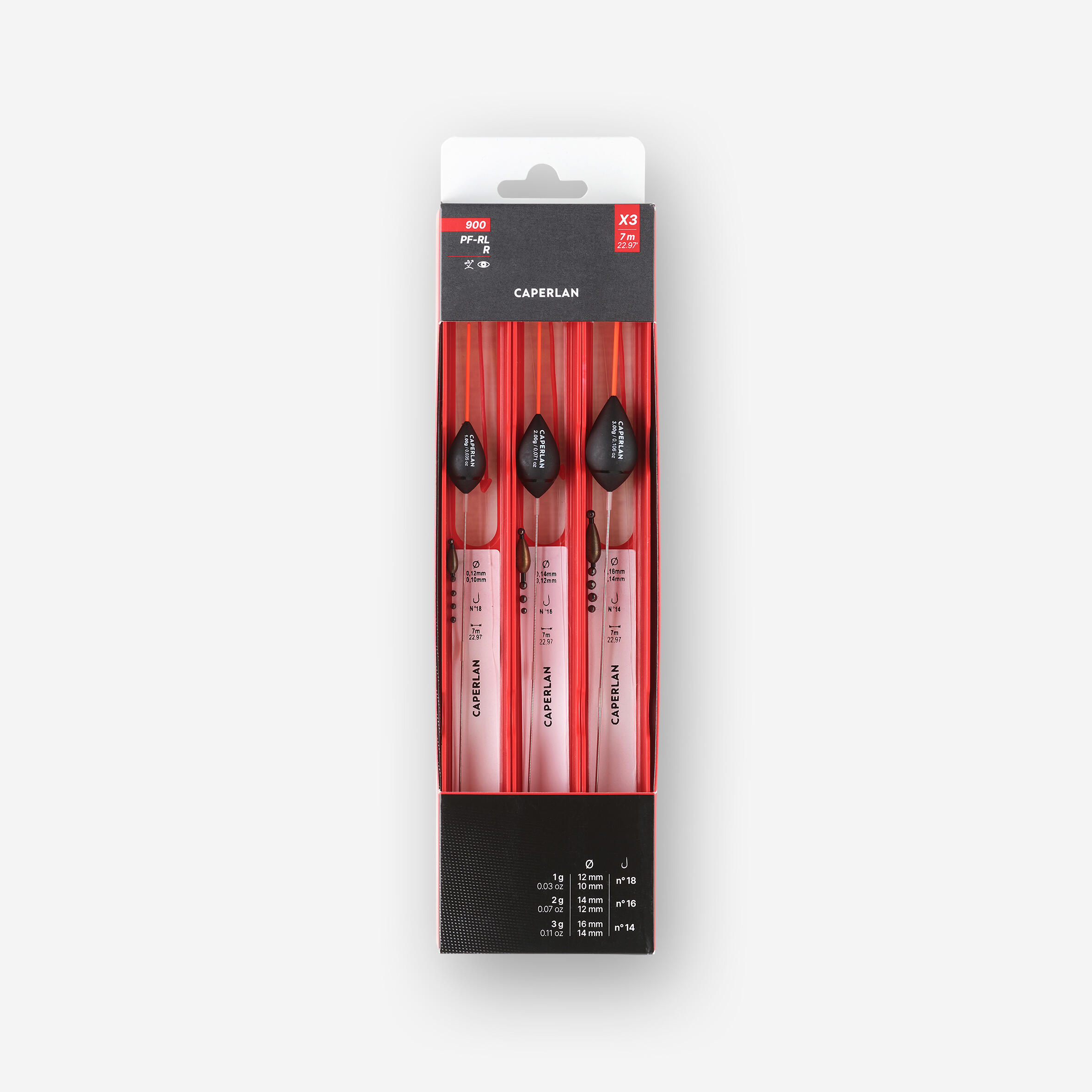 CAPERLAN Set van 3 gemonteerde lijnen PF-RL900 C 0,4 g, 0,6 g, 0,8 g voor statisch vissen
