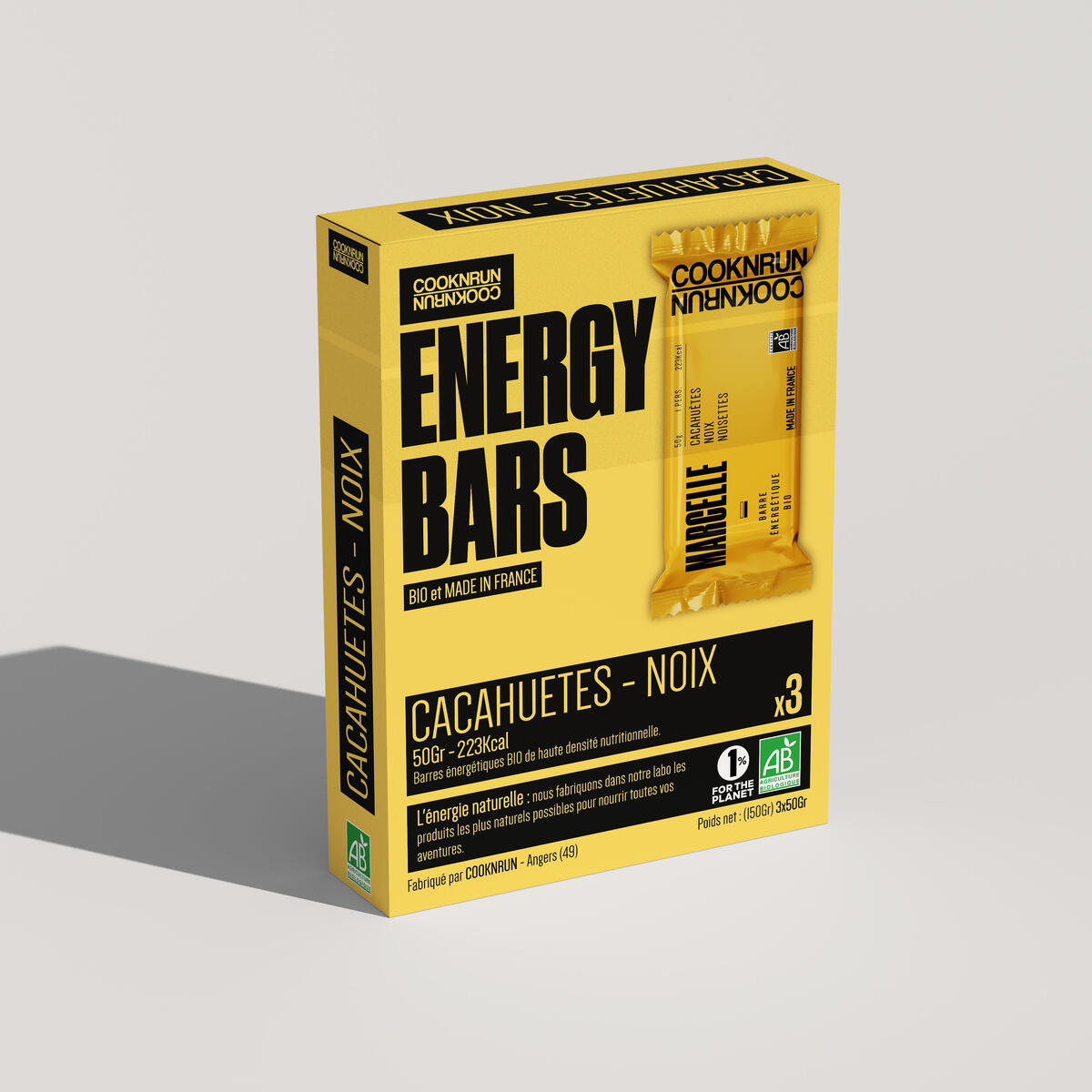 Barre énergétique bio cacahuètes noix et noisettes, 3 x 50g