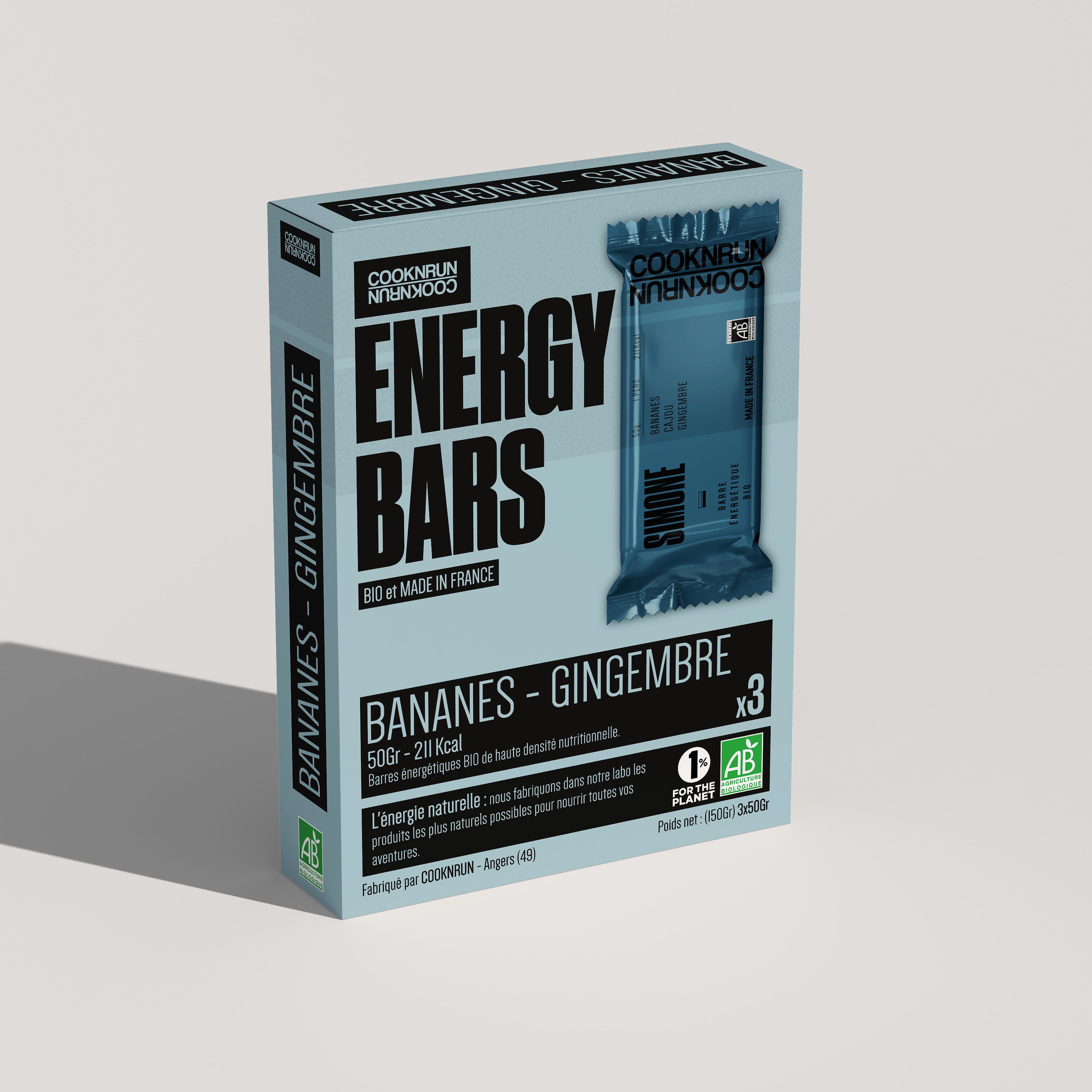 Barre énergétique bio banane et gingembre, 3 x 50g - COOK AND RUN