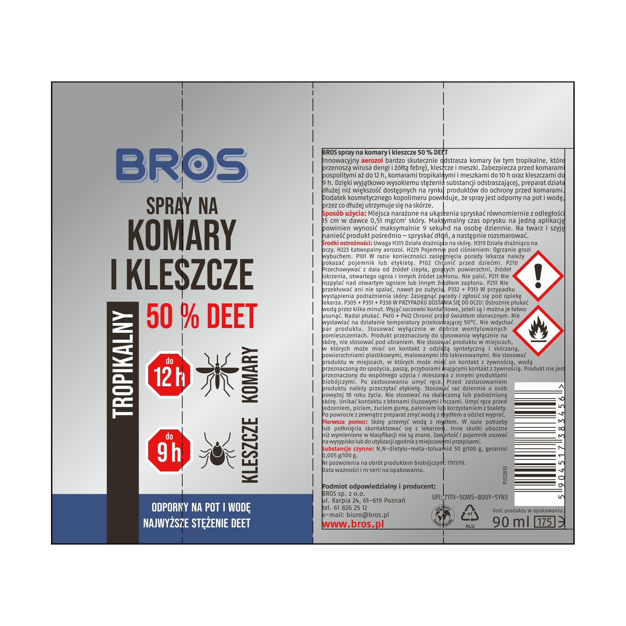 Spray odstraszający komary i kleszcze BROS 50% DEET 90 ml 2/2