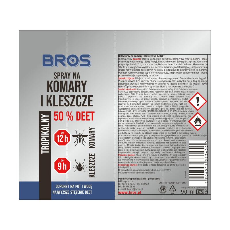 Spray odstraszający komary i kleszcze BROS 50% DEET 90 ml