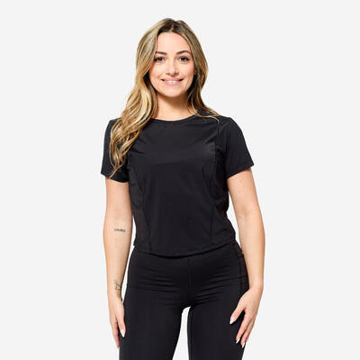 Ademend fitness-t-shirt voor dames stretch zwart