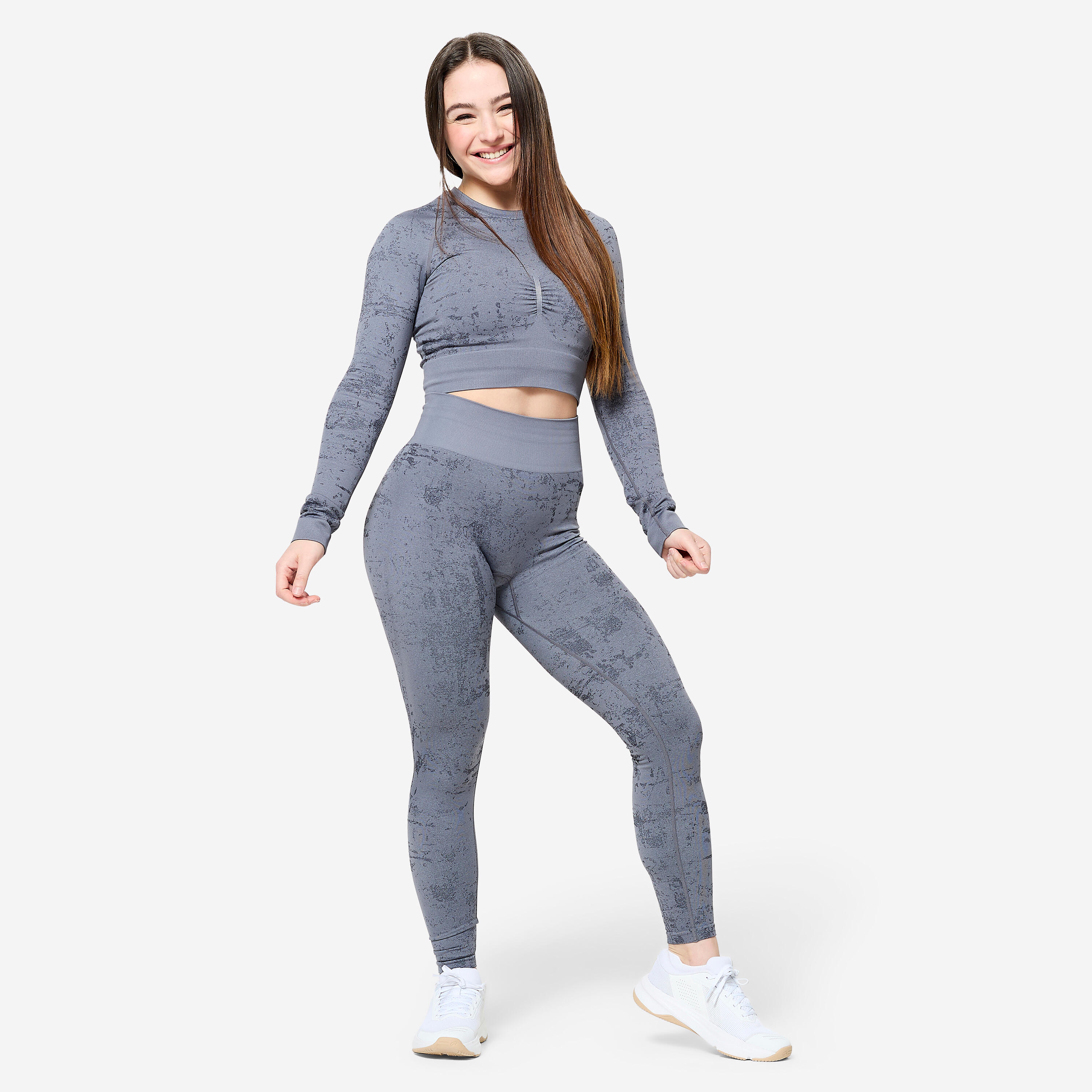 Crop-Top-Shirt langarm Damen, grau 2/14