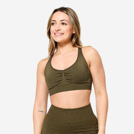 Brassière bretelles croisées maintien léger Femme, vert kaki