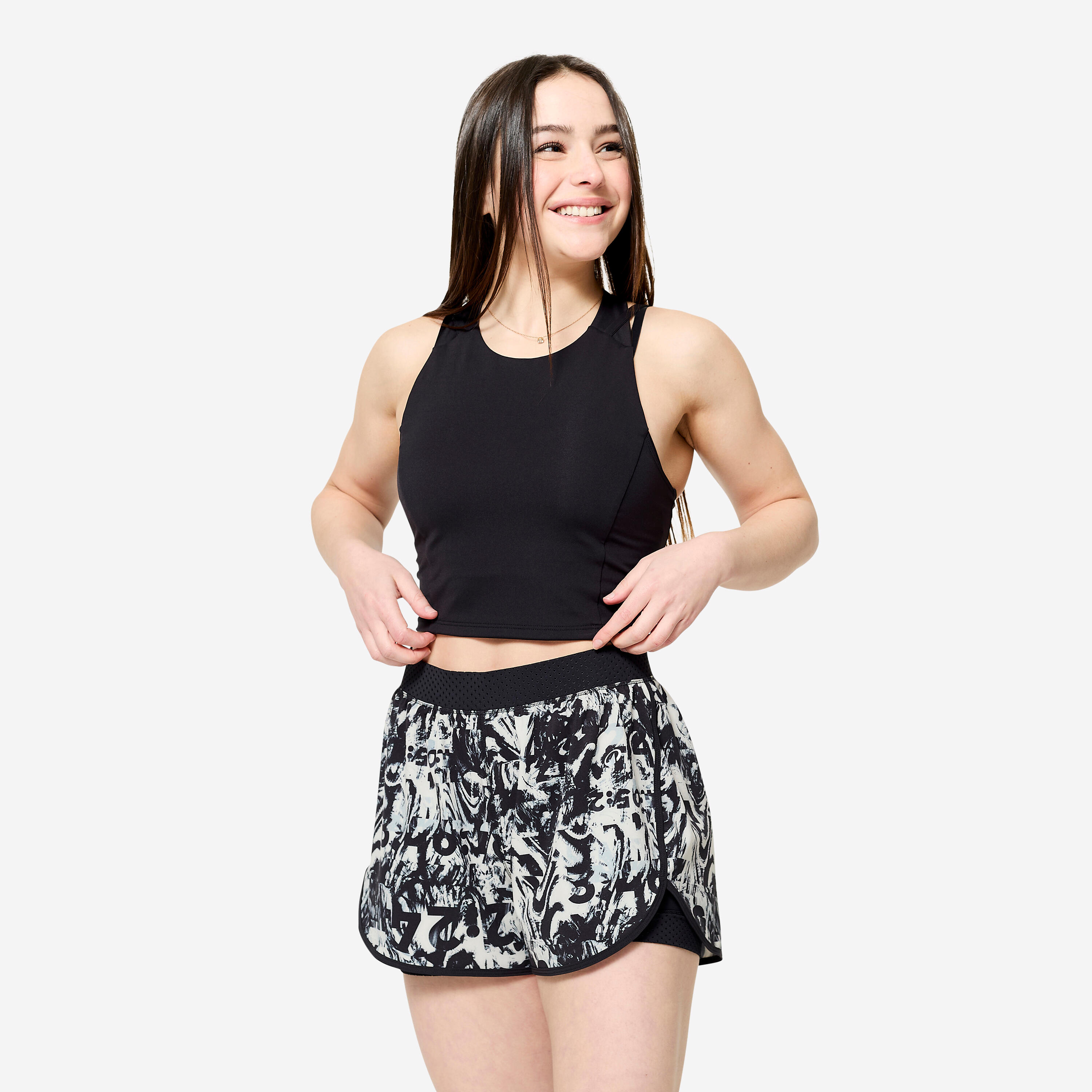 Women's Double Layer Fitness Shorts - Black & White Print
