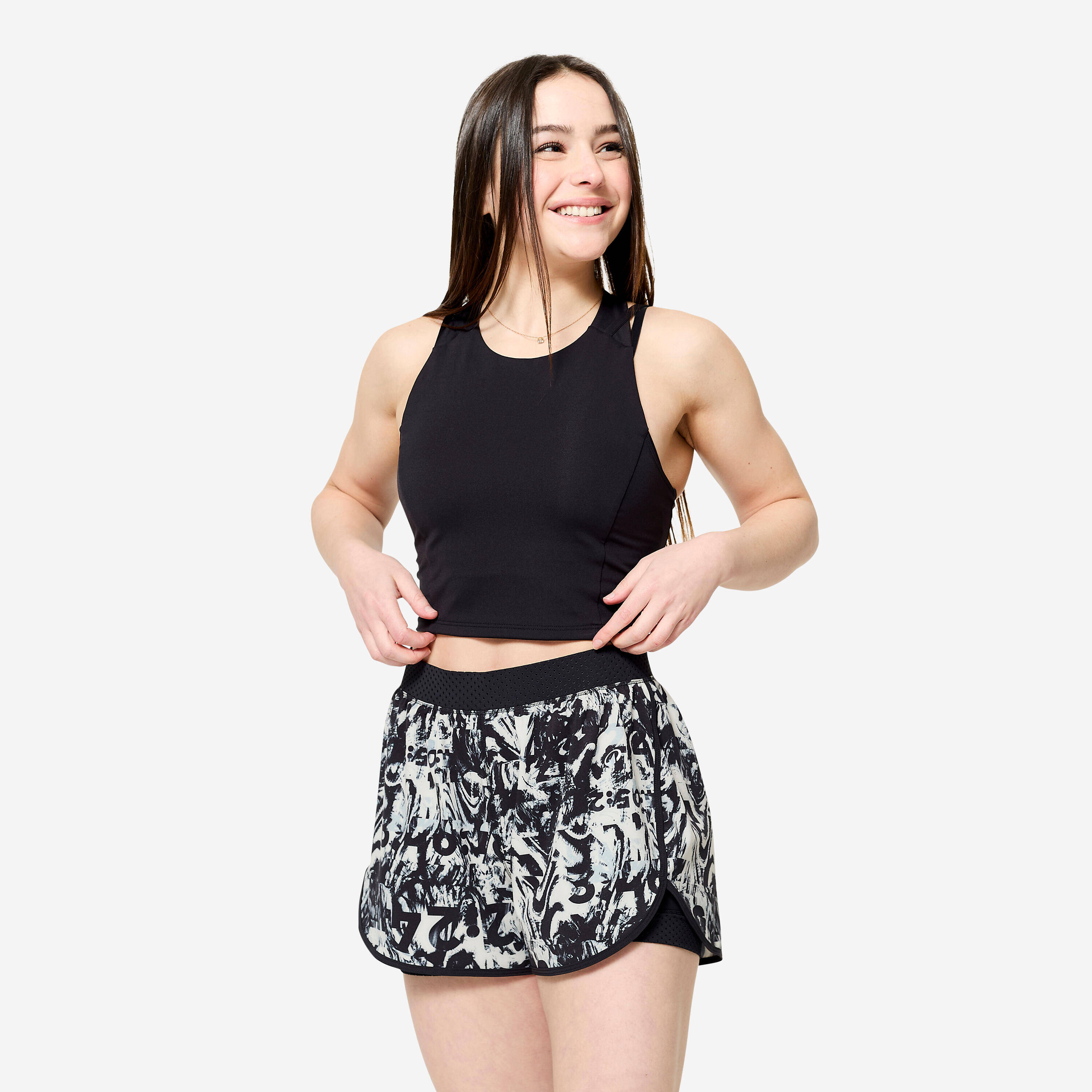 Women's Double Layer Fitness Shorts - Black & White Print -  2