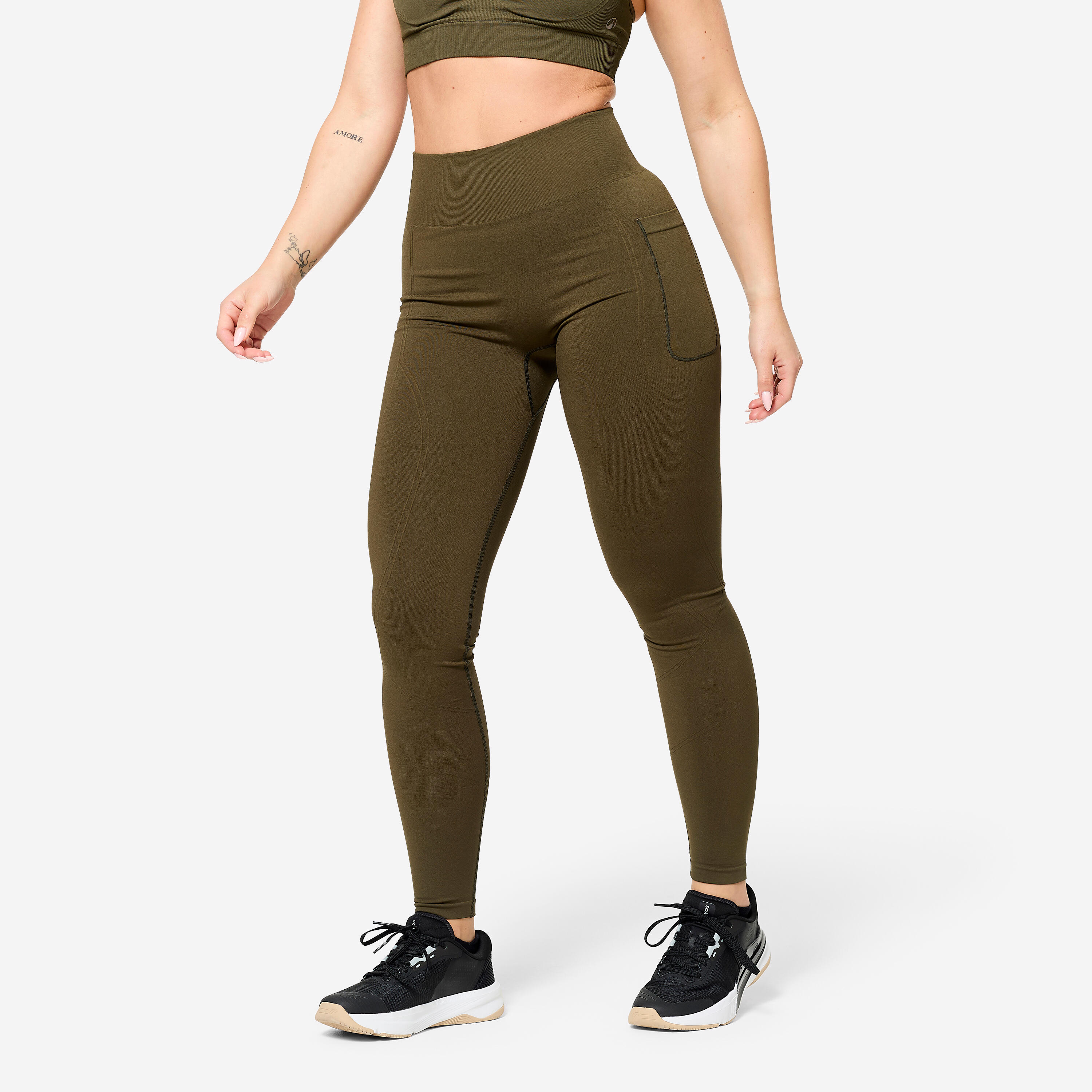 domyos Women's High-Waisted Push-Up Effect Seamless Leggings - Khaki Green-picture-15