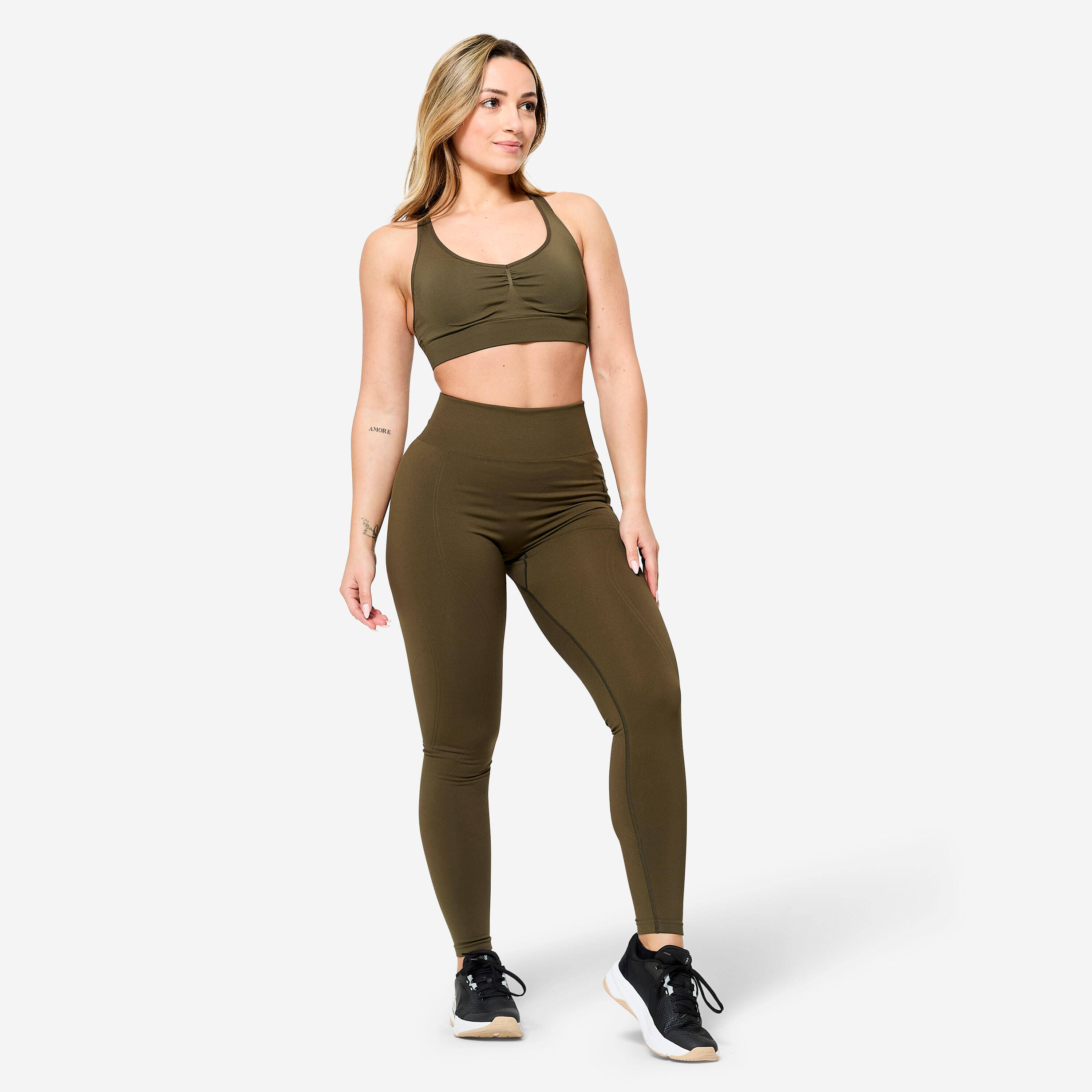 Women's High-Waisted Push-Up Effect Seamless Leggings - Khaki Green -  2