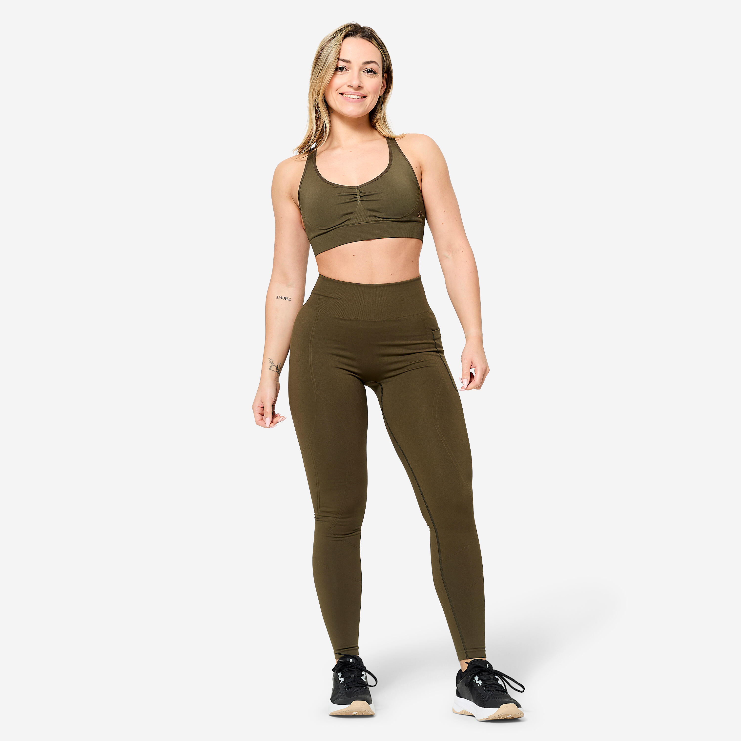 Brassière bretelles croisées maintien léger Femme, vert kaki 2/6