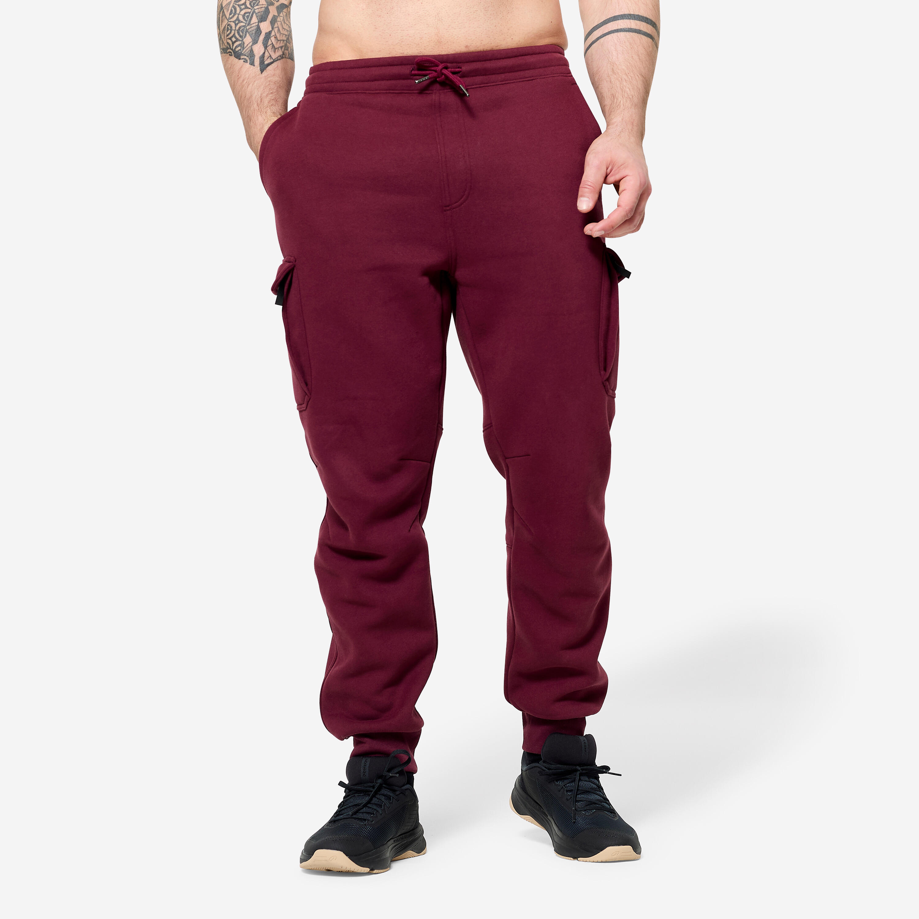 DOMYOS Pantaloni tuta uomo regular fit felpati con tasche bordeaux