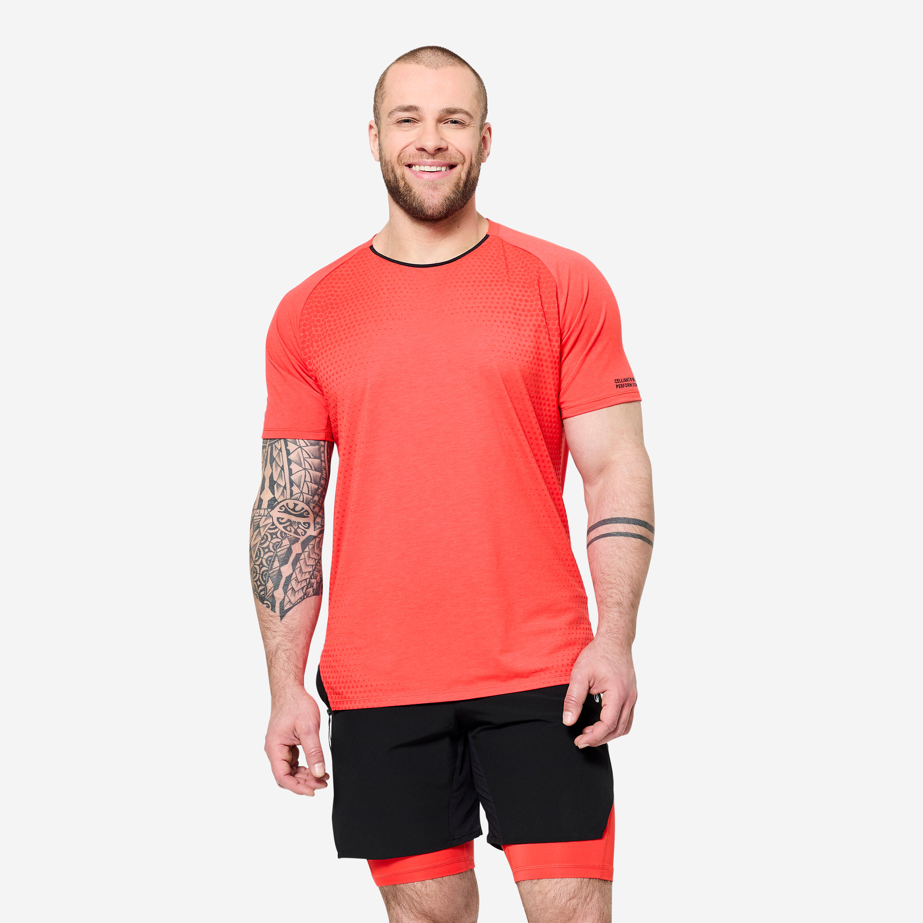 DOMYOS Men's Short-Sleeved Cross Training Performance T-Shirt - Orange/Black