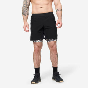 Pantalón Corto Fitness Hombre Negro 2 En 1 Transpirable Bolsillo Cremallera