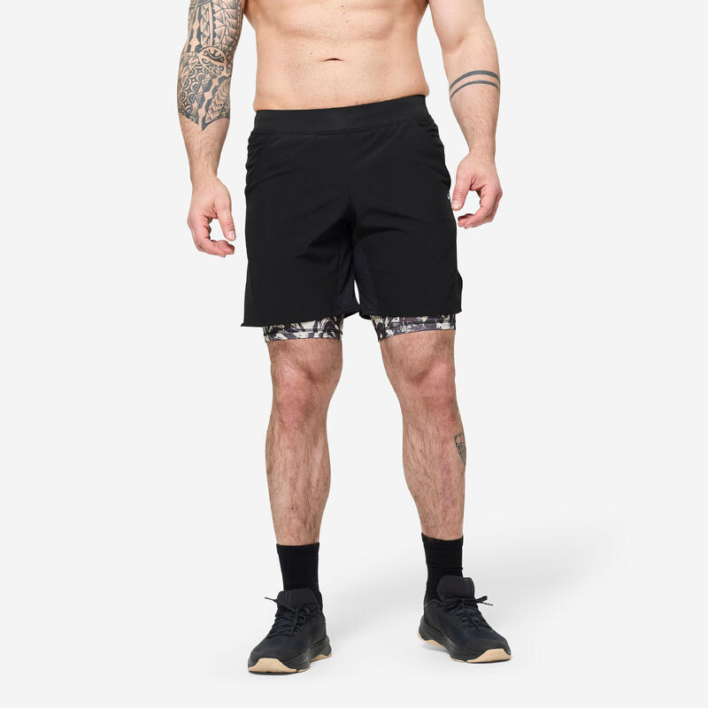 Pantalon scurt respirant 2 în 1 Fitness buzunare cu fermoar Kaki Bărbați
