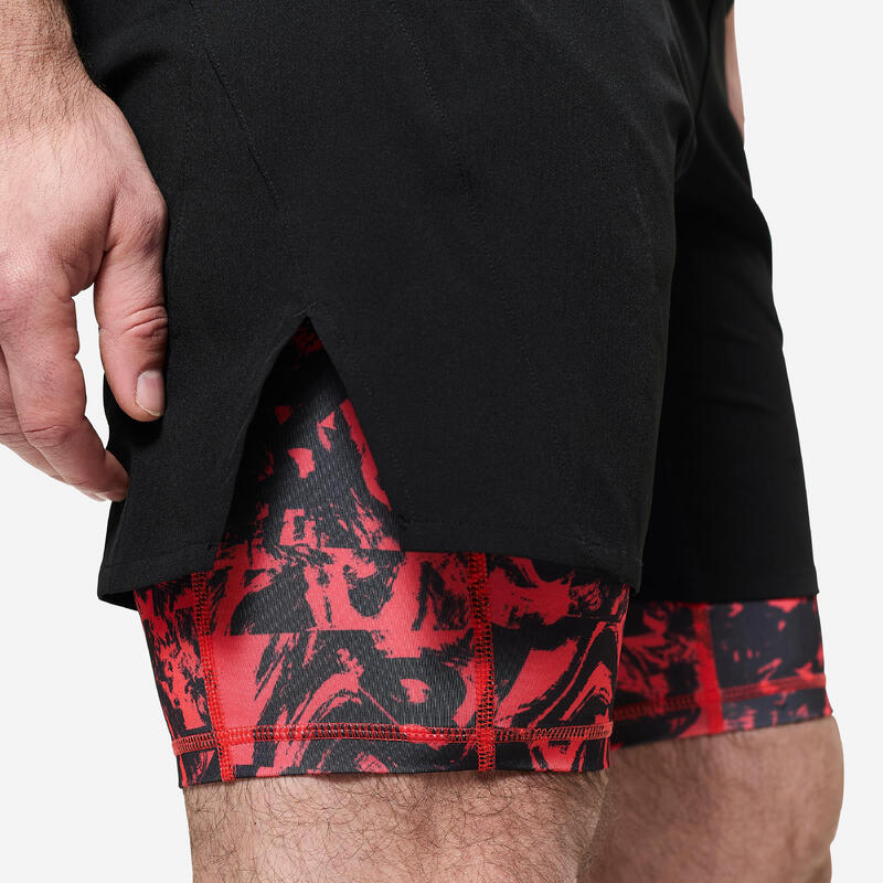 Pantalon scurt fitness 2 în 1 respirabil, buzunar cu fermoar, Negru-Roșu Bărbați