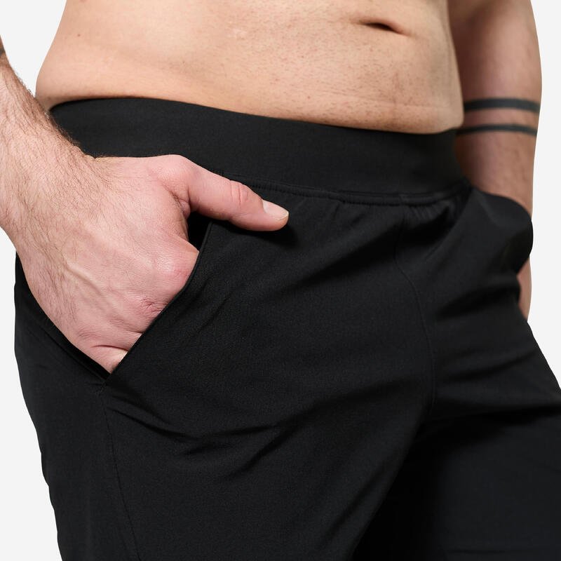 Pantalon scurt de fitness 2 în 1 respirant, buzunar cu fermoar, Negru Bărbați