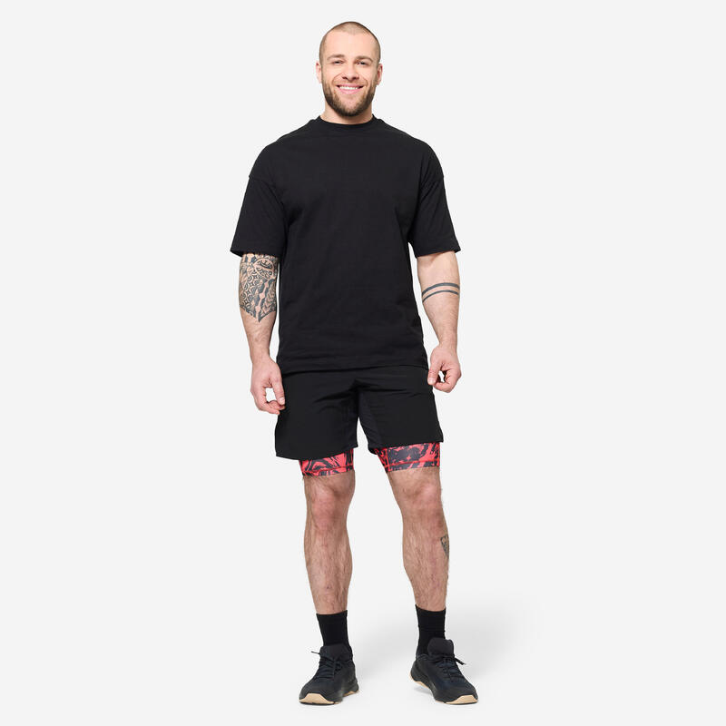 Pantalon scurt fitness 2 în 1 respirabil, buzunar cu fermoar, Negru-Roșu Bărbați