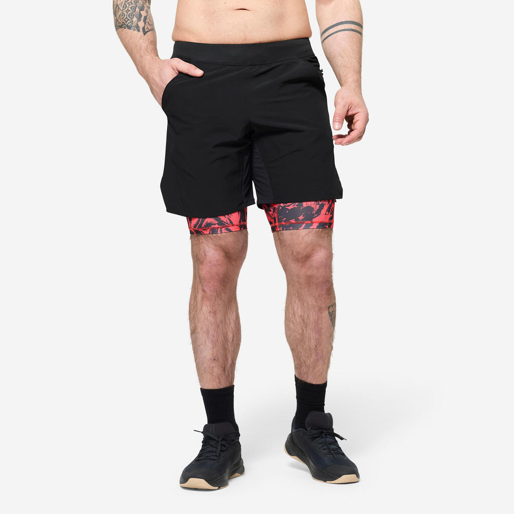 Moške fitnes zračne kratke hlače 2 v 1 z žepom na zadrgo - črne/rdeče