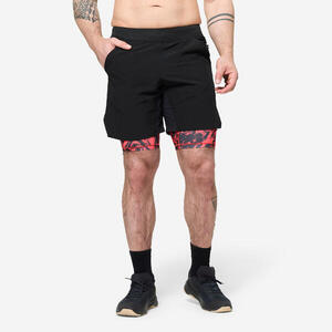 Pantalón Corto Fitness Hombre Negro Rojo 2 En 1 Transpirable Bolsillo Cremallera