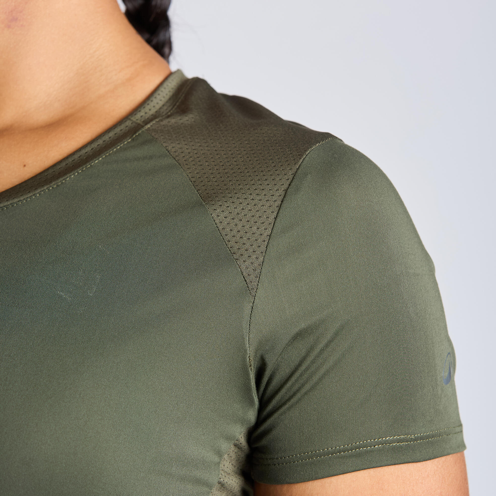 Women's Close fitted Crew Neck Short Sleeved T-Shirt Run 500 - Khaki Green