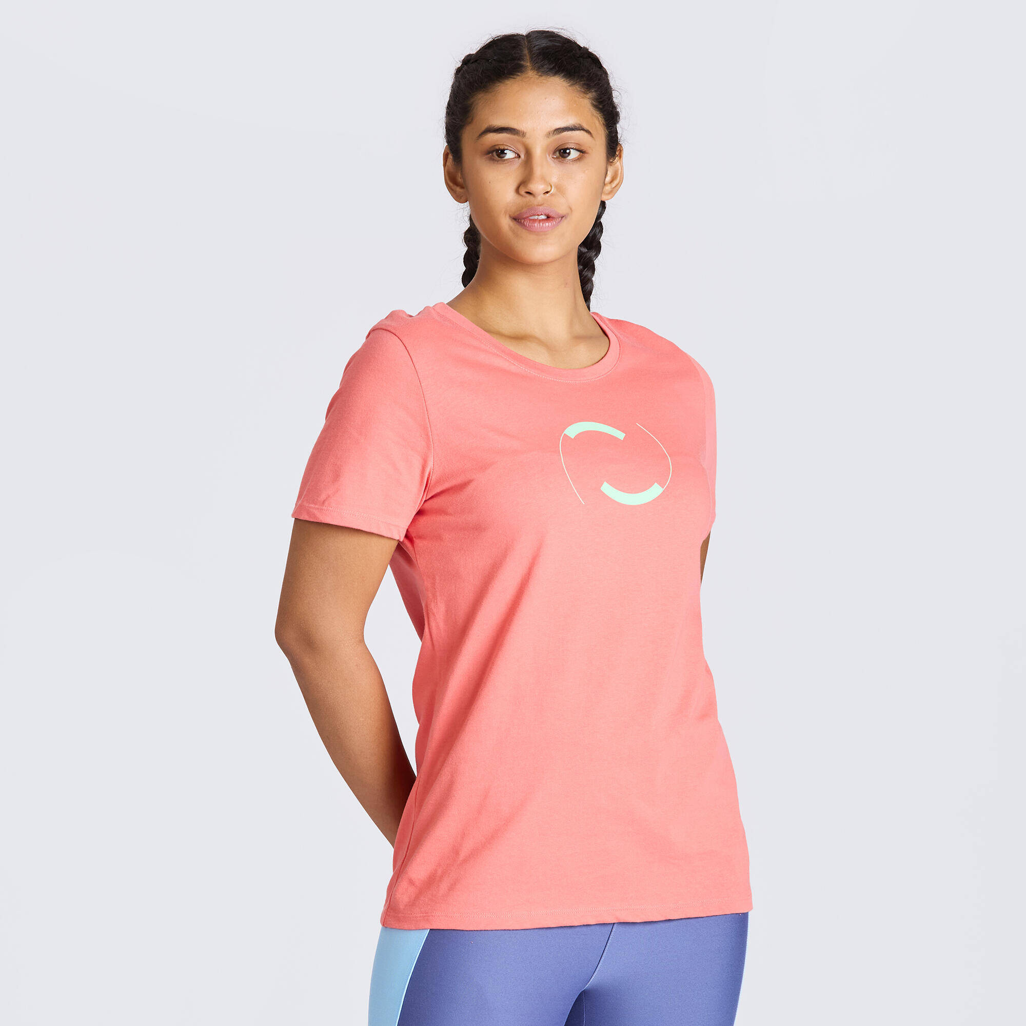 Women's Cotton Crew Neck Short Sleeved T-Shirt Run 500 - Pomelo Pink -  1