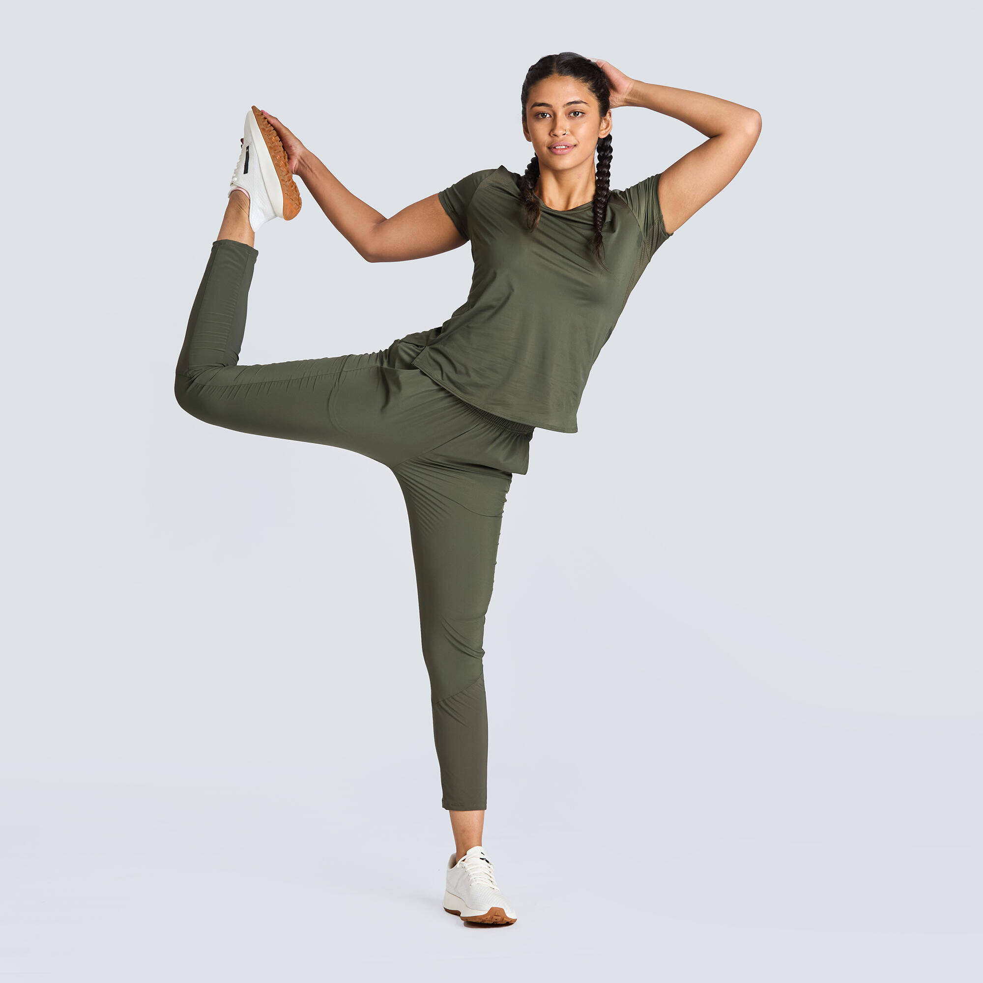 Long Breathable Mid-Waist  Run 100 Trousers for Women  - Khaki Green -  1