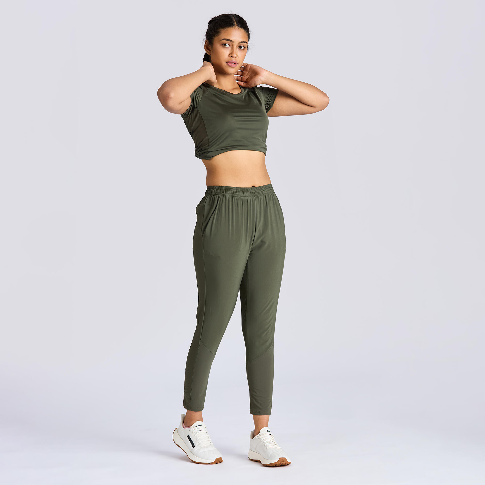 Long Breathable Mid-Waist  Run 100 Trousers for Women  - Khaki Green