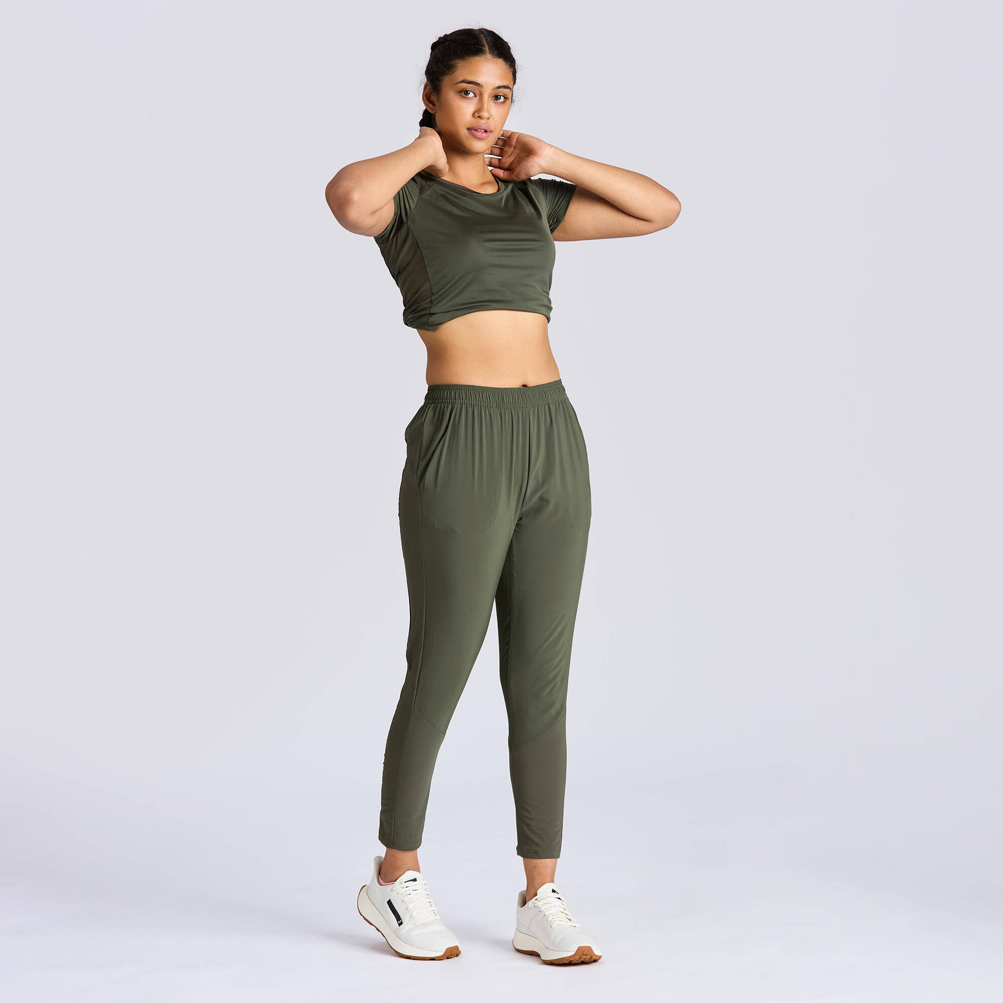 Long Breathable Mid-Waist  Run 100 Trousers for Women  - Khaki Green -  4