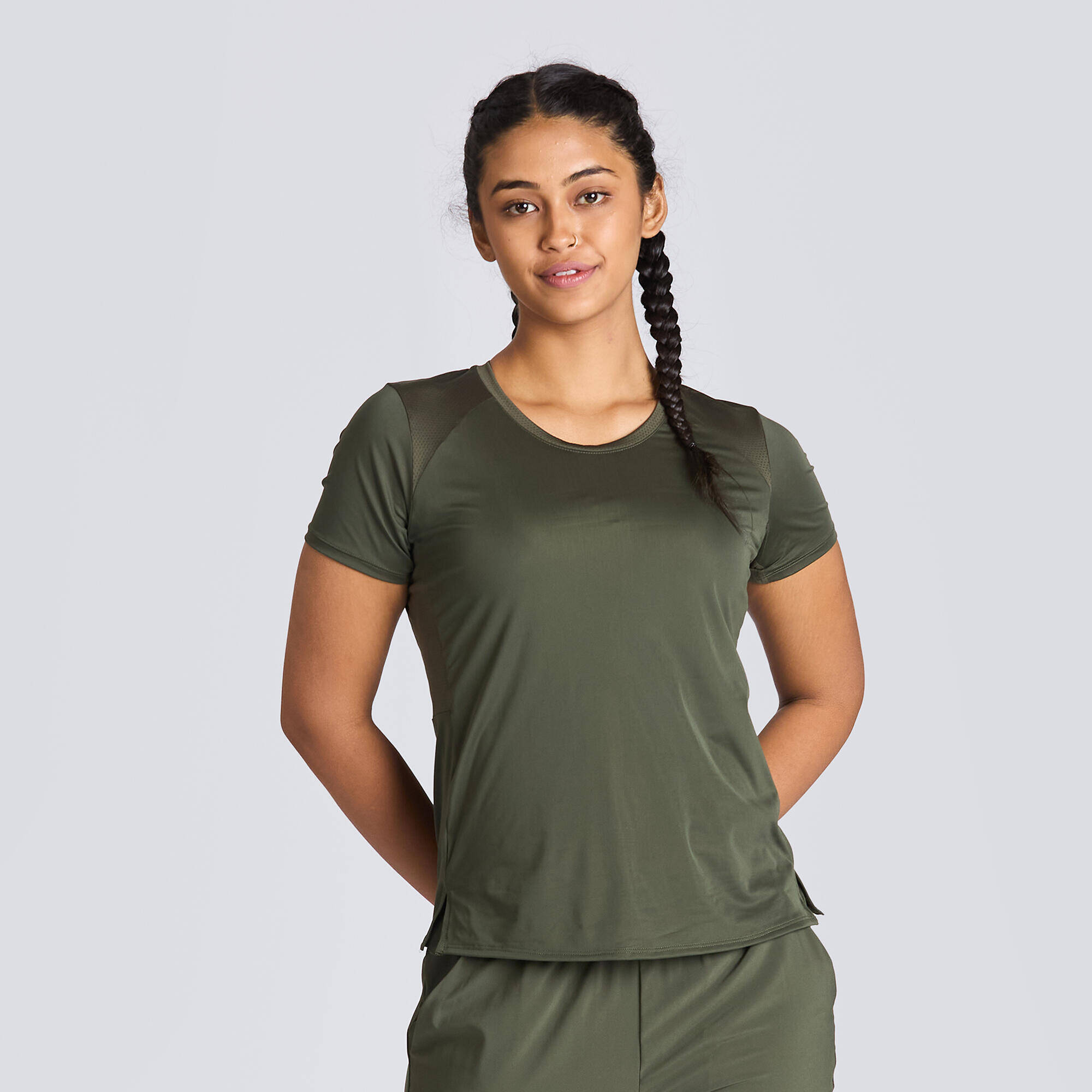 Women's Close fitted Crew Neck Short Sleeved T-Shirt Run 500 - Khaki Green -  1