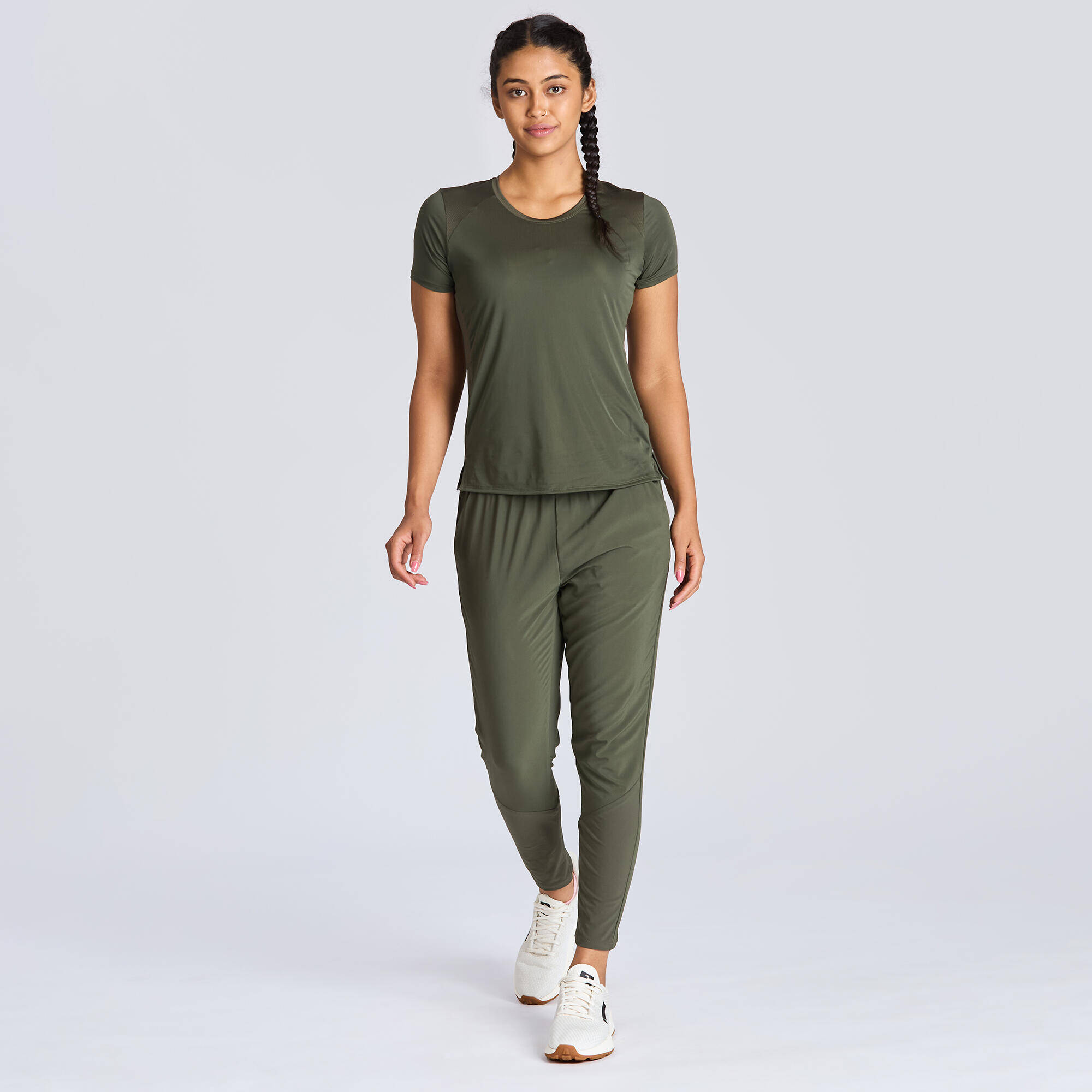 Women's Close fitted Crew Neck Short Sleeved T-Shirt Run 500 - Khaki Green -  2
