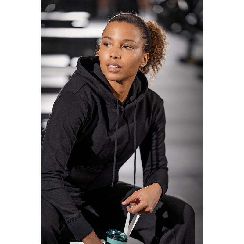 Hanorac cu glugă din bumbac Fitness Negru Damă