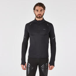 T-shirt manches longues demi zip chaud Homme, Kiprun run 500 warm noir