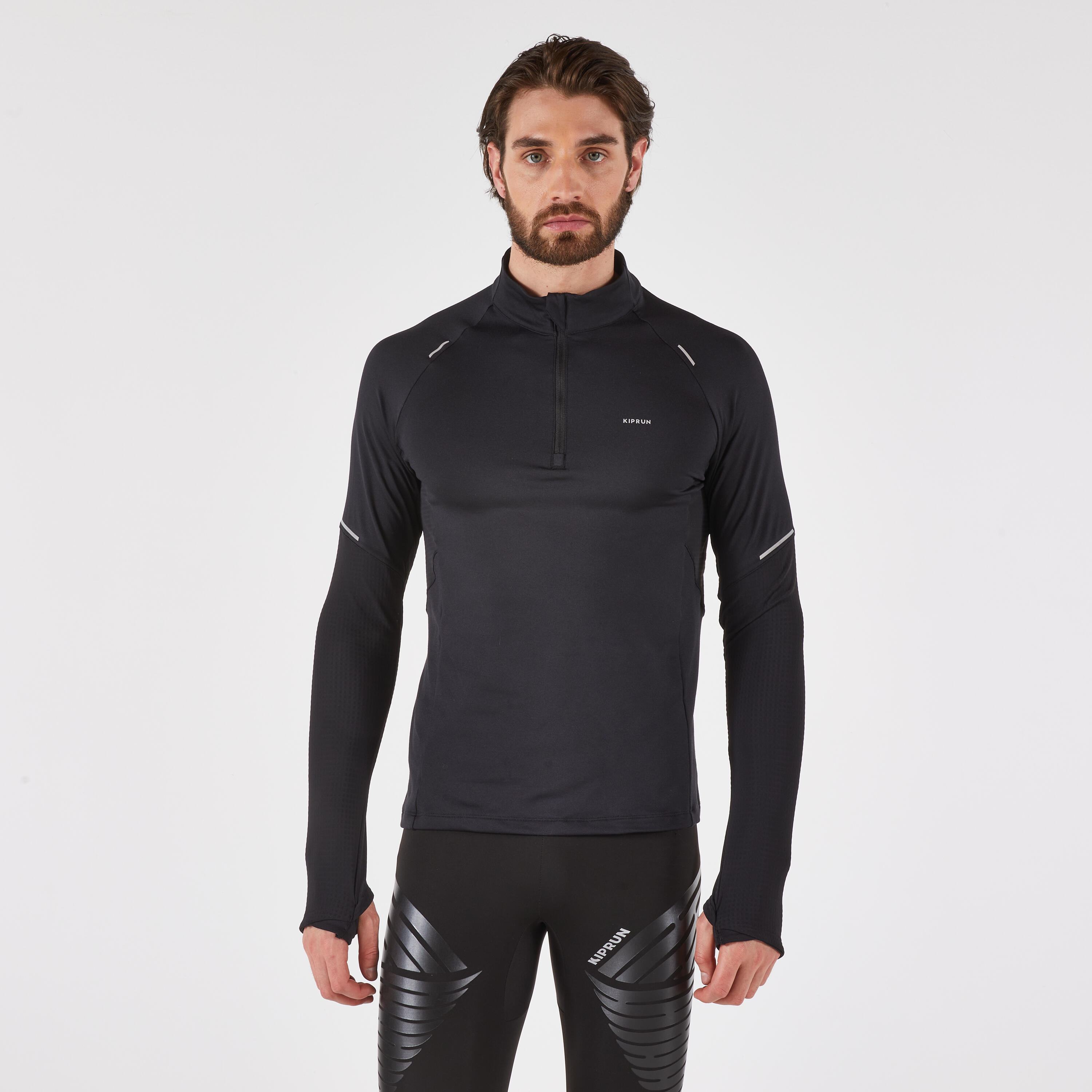 KIPRUN Pánske hrejivé bežecké tričko Run 500 polovičný zips čierne S
