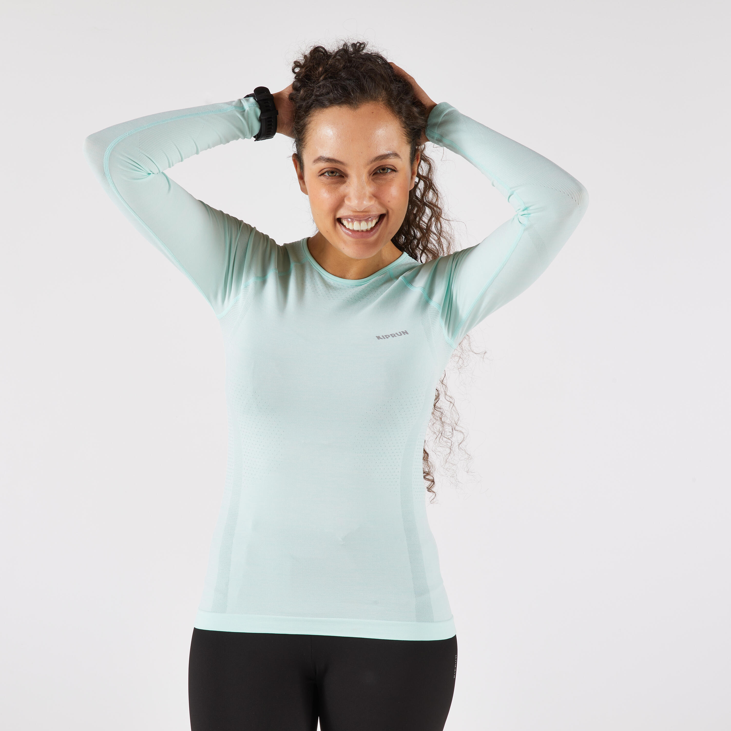 Naadloos hardloopshirt met lange mouwen voor dames Run 500 lichtgroen 3/6